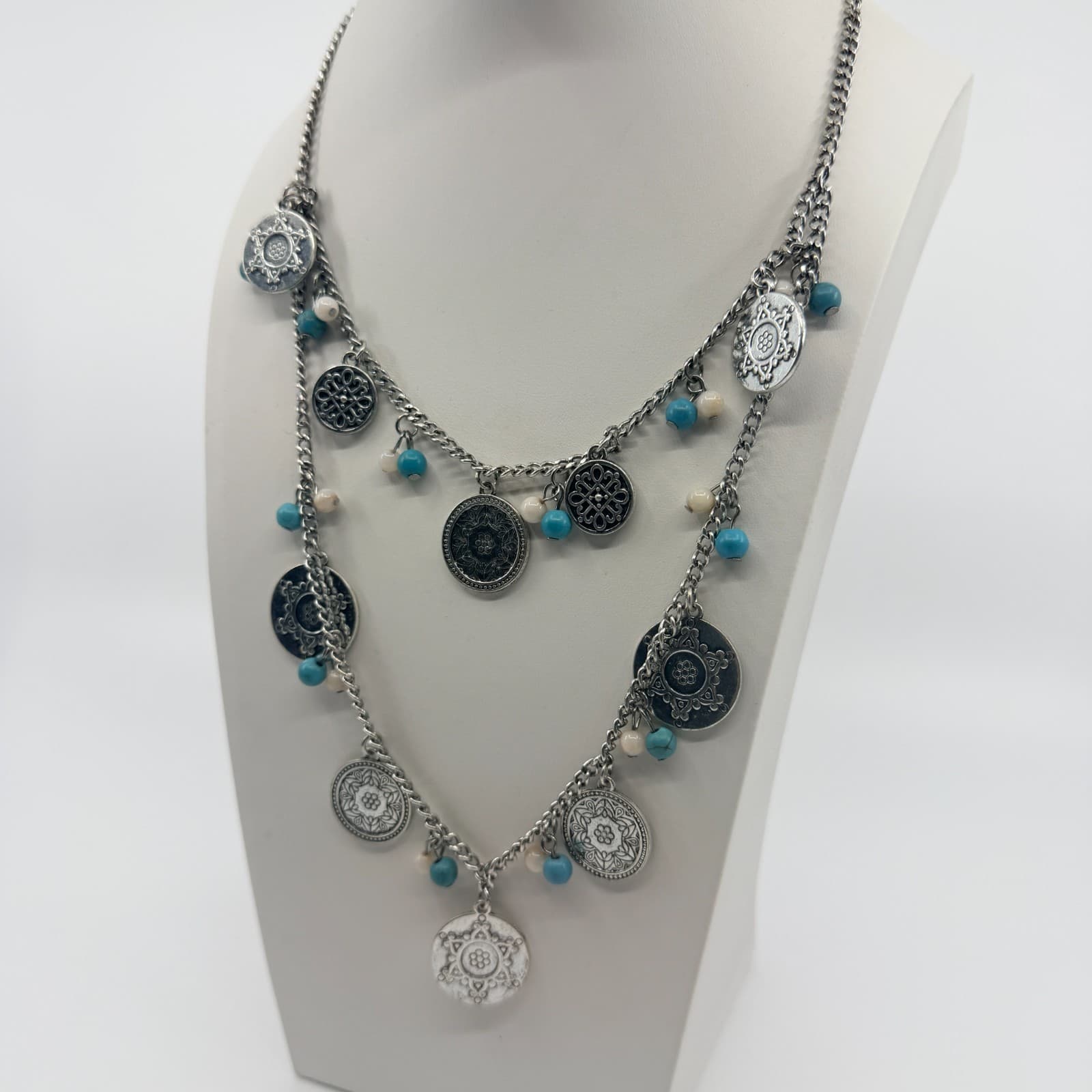 Vintage Silver Tone Boho Layered Statement Necklace Turquoise Color Beaded Coin - Thumbnail 7