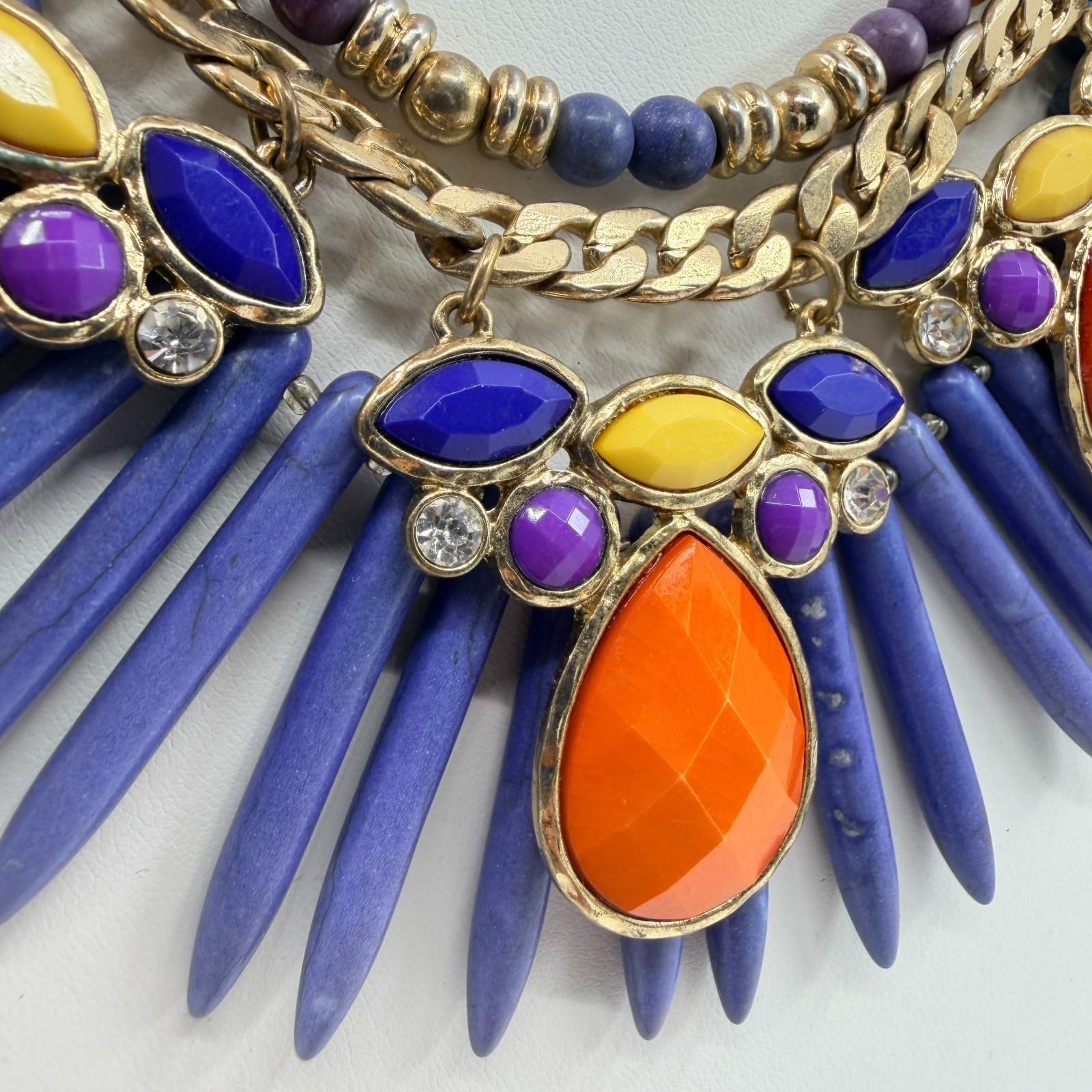 Vintage Gold Tone Bold Multi Color Spike Bib Statement Necklace Chunky Boho 90s - Thumbnail 5