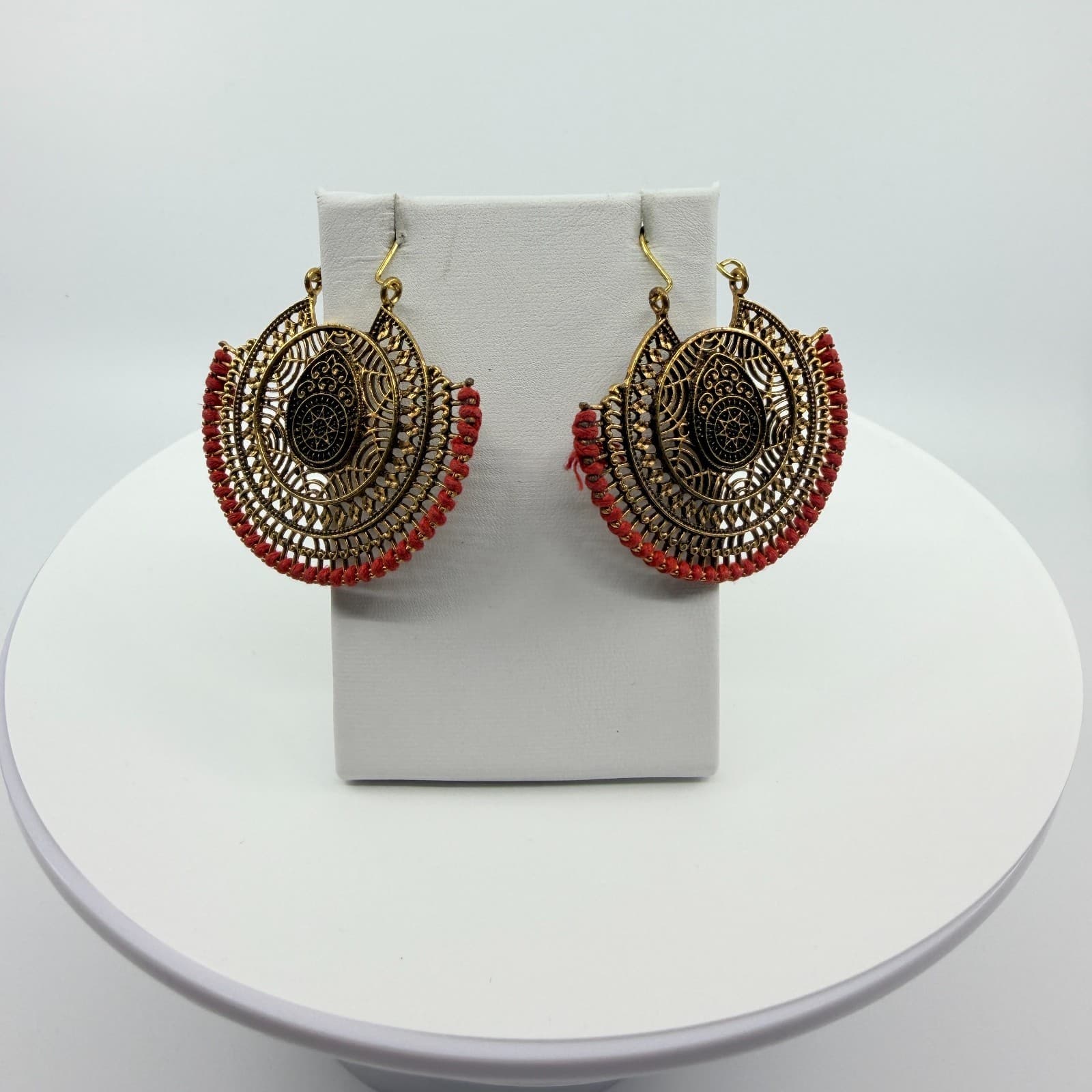 Vintage Statement Gold Tone Red Filigree Drop Earrings Large Statement Boho 90's - Thumbnail 5