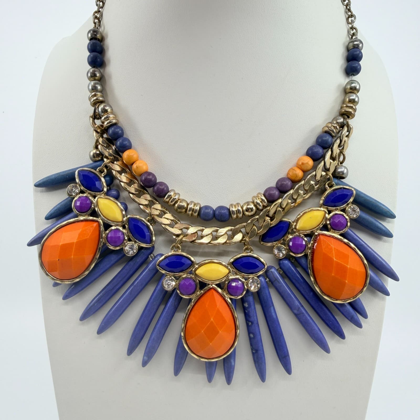 Vintage Gold Tone Bold Multi Color Spike Bib Statement Necklace Chunky Boho 90s - Thumbnail 6