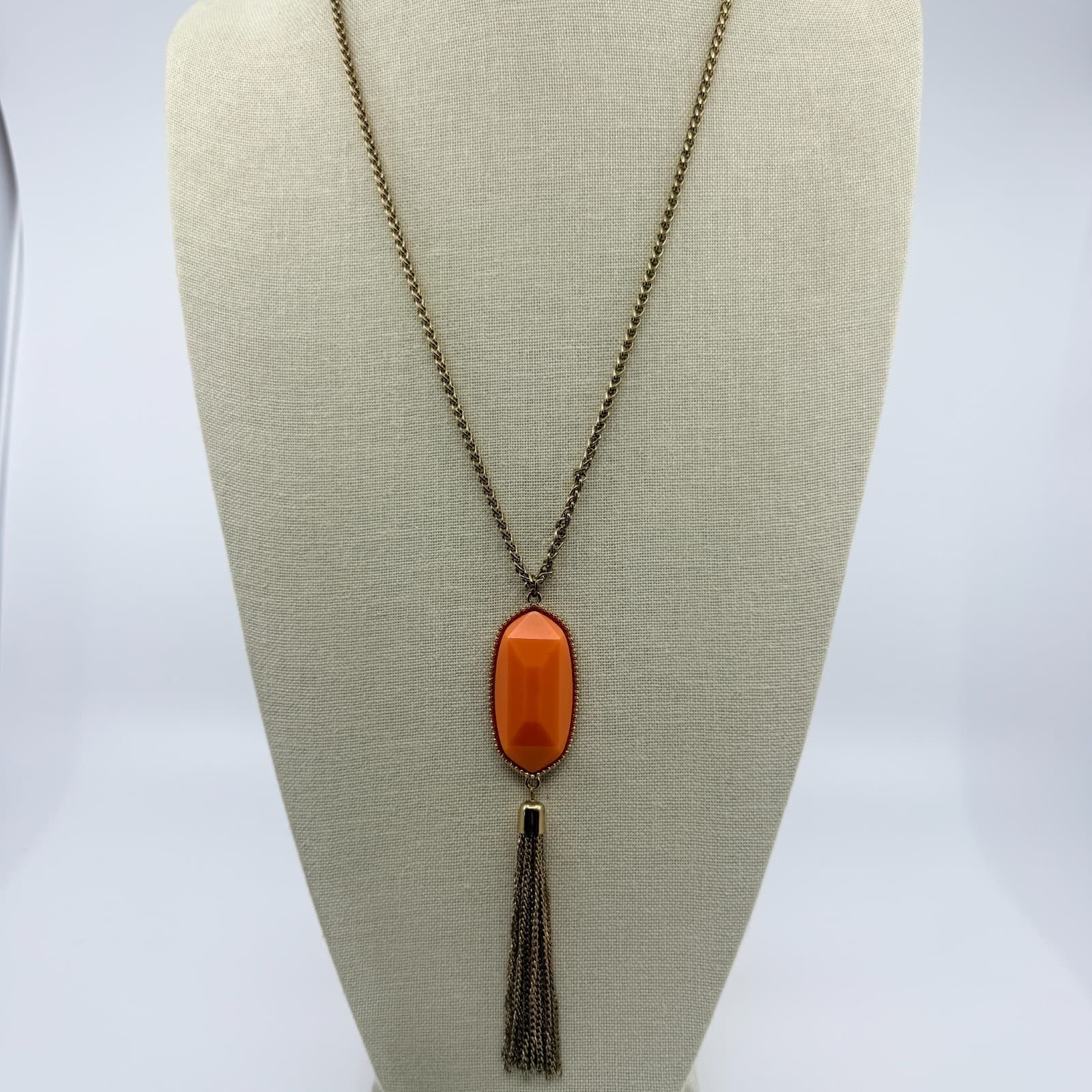 Vintage Gold Tone Orange Faceted Pendant Tassel Necklace Long Boho Statement 90s - Thumbnail 4