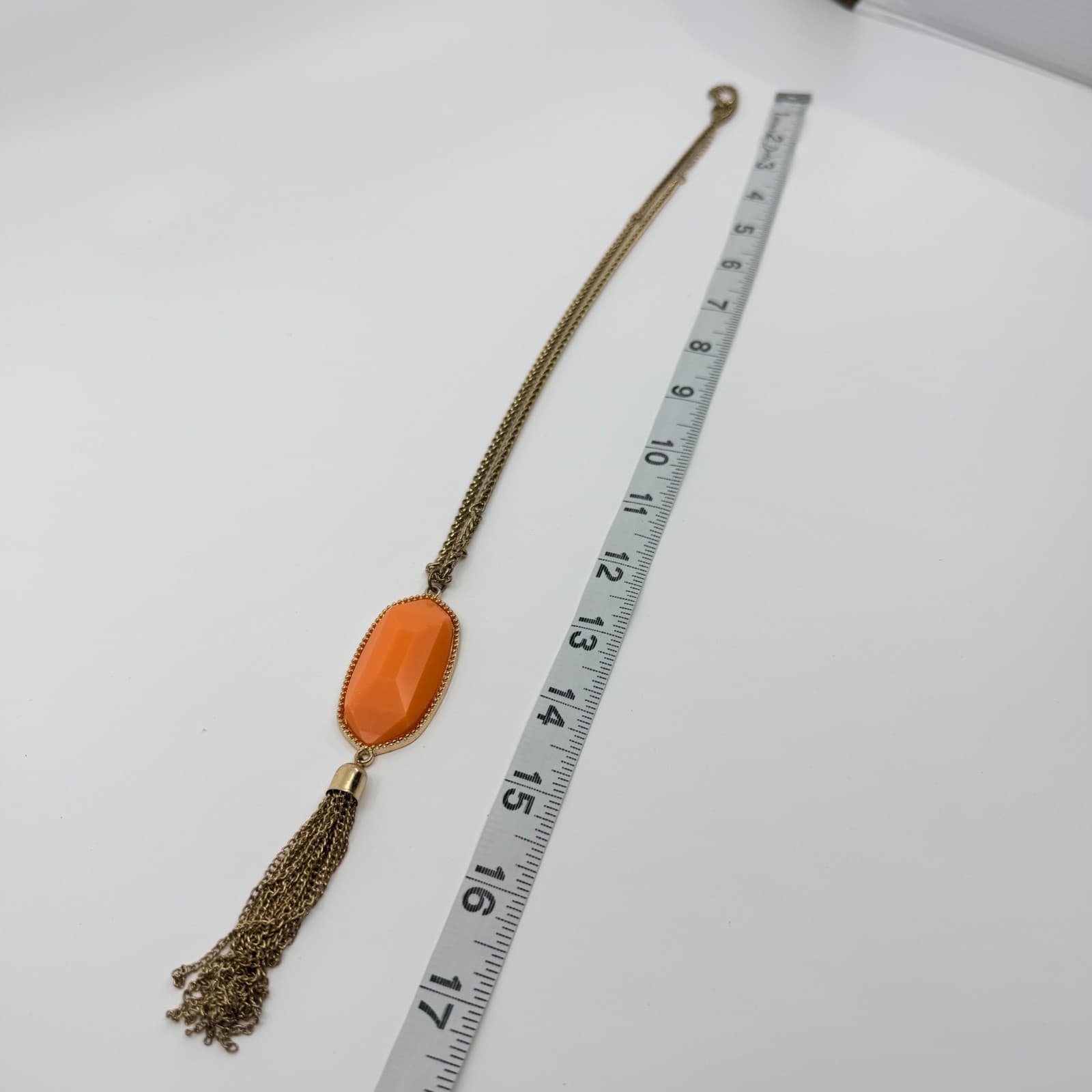 Vintage Gold Tone Orange Faceted Pendant Tassel Necklace Long Boho Statement 90s - Thumbnail 9