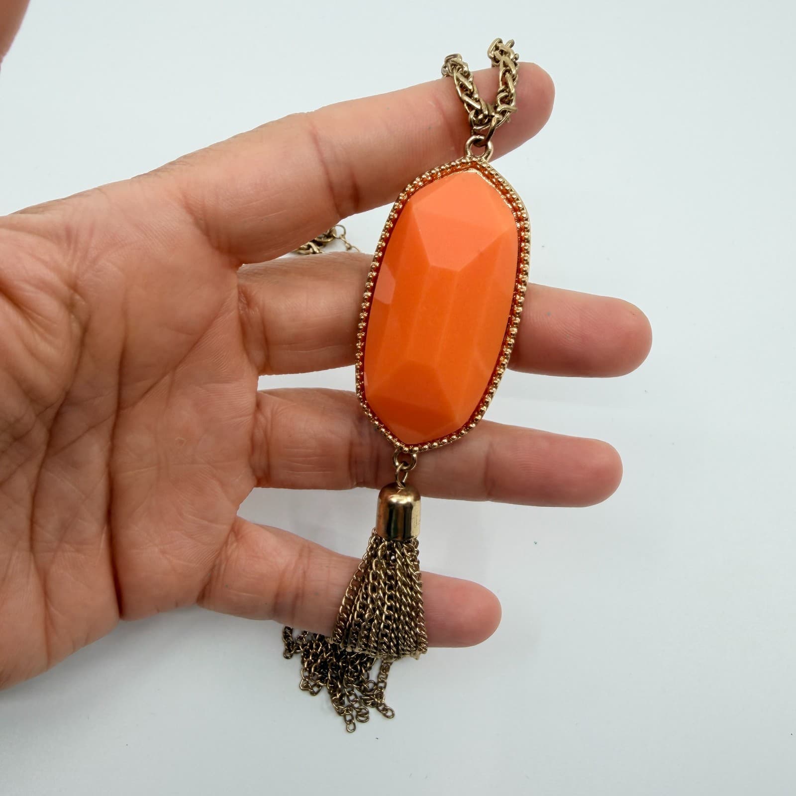 Vintage Gold Tone Orange Faceted Pendant Tassel Necklace Long Boho Statement 90s - Thumbnail 8
