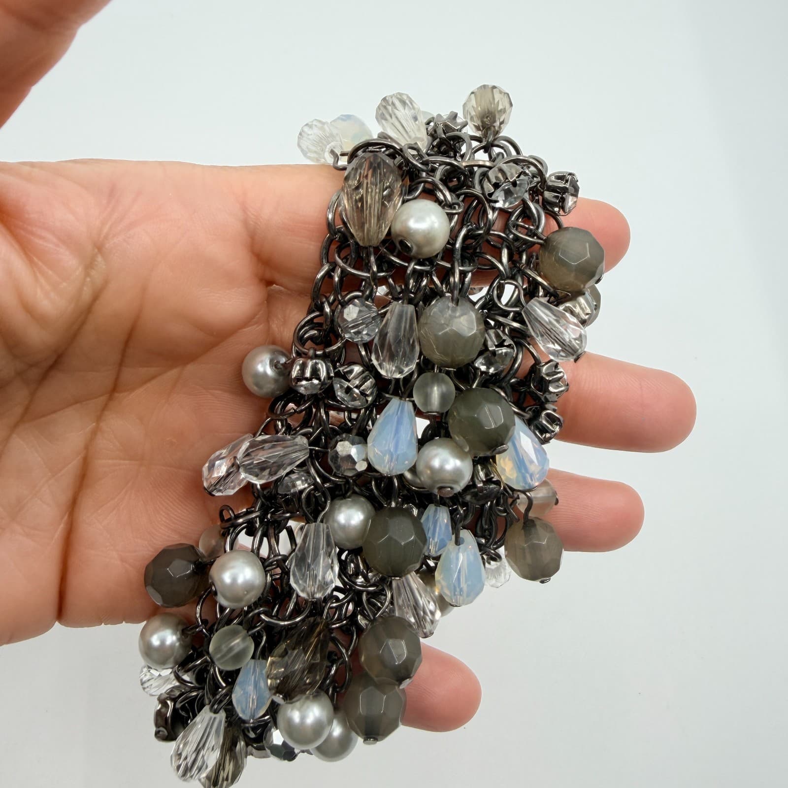 Vintage Gunmetal Tone Cluster Bib Statement Necklace Gray Faux Pearl Crystal 90s - Thumbnail 7