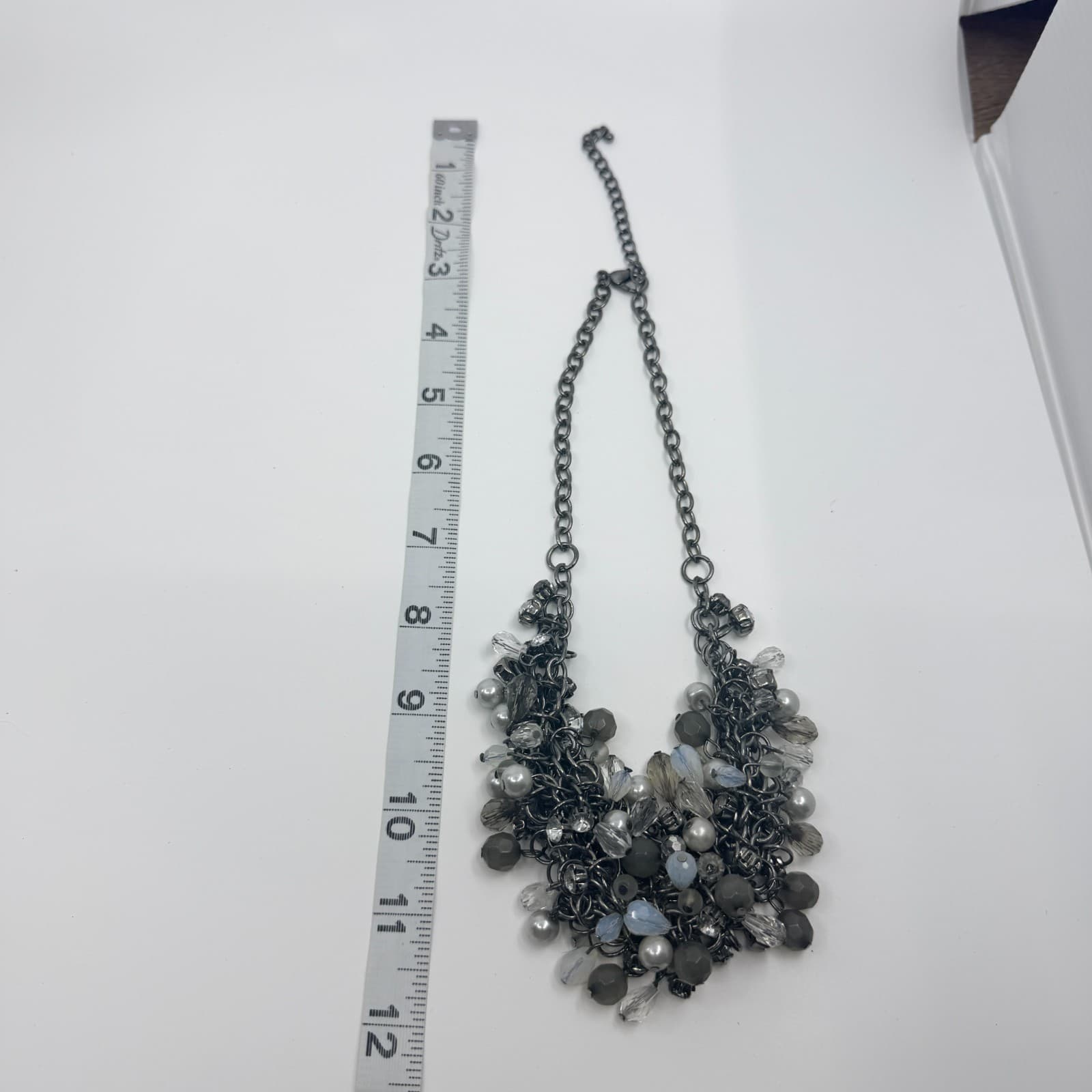 Vintage Gunmetal Tone Cluster Bib Statement Necklace Gray Faux Pearl Crystal 90s - Thumbnail 8