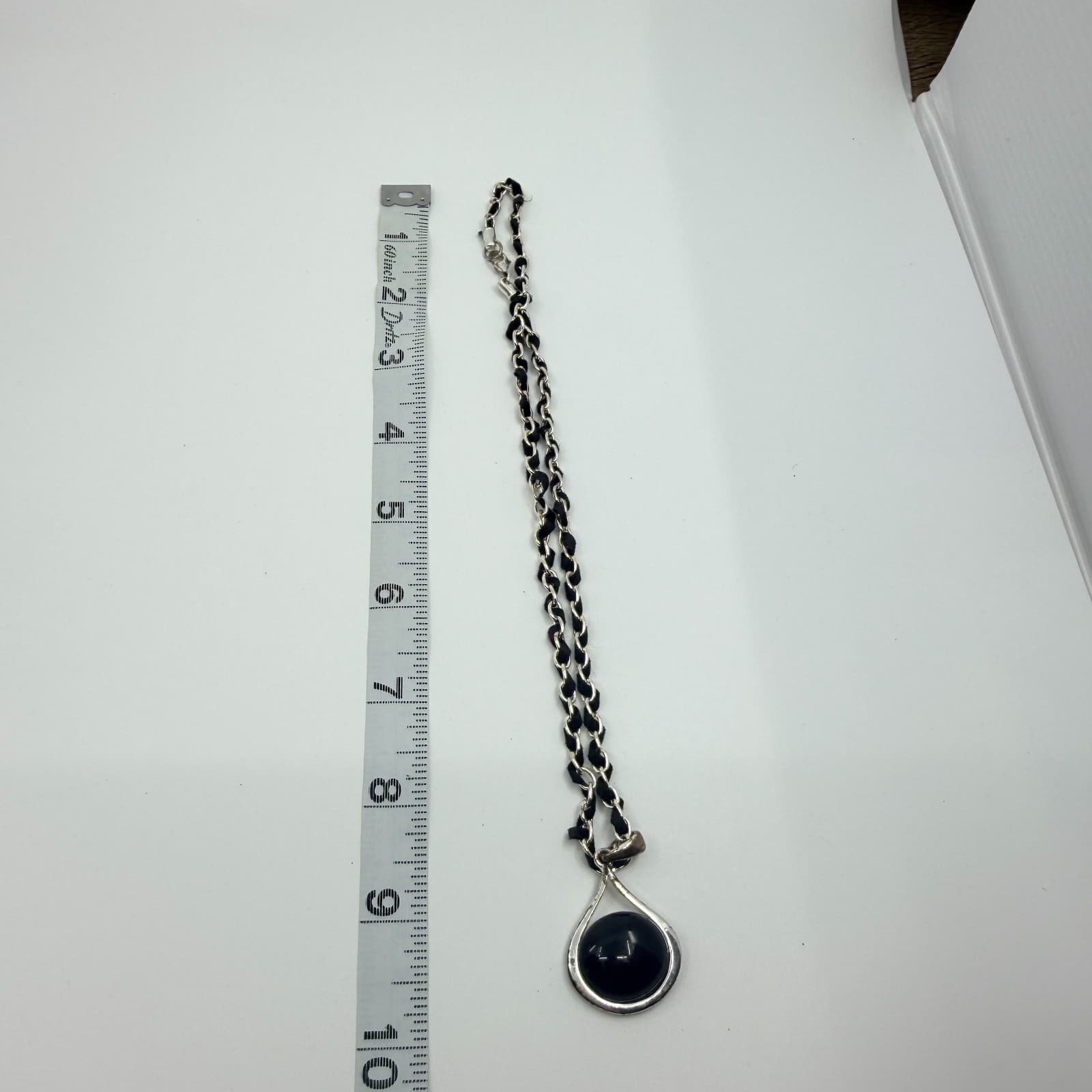 Vintage Silver Tone Black Cabochon Pendant Necklace Woven Chain Retro Boho - Thumbnail 6