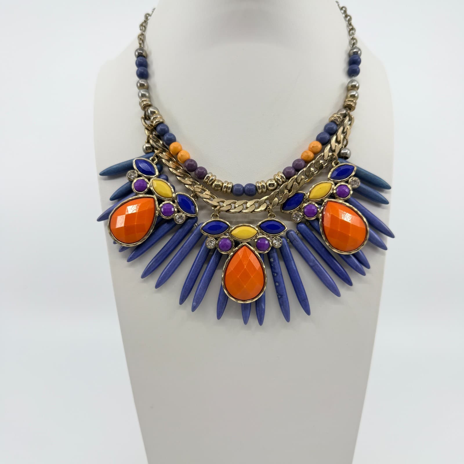 Vintage Gold Tone Bold Multi Color Spike Bib Statement Necklace Chunky Boho 90s - Thumbnail 8