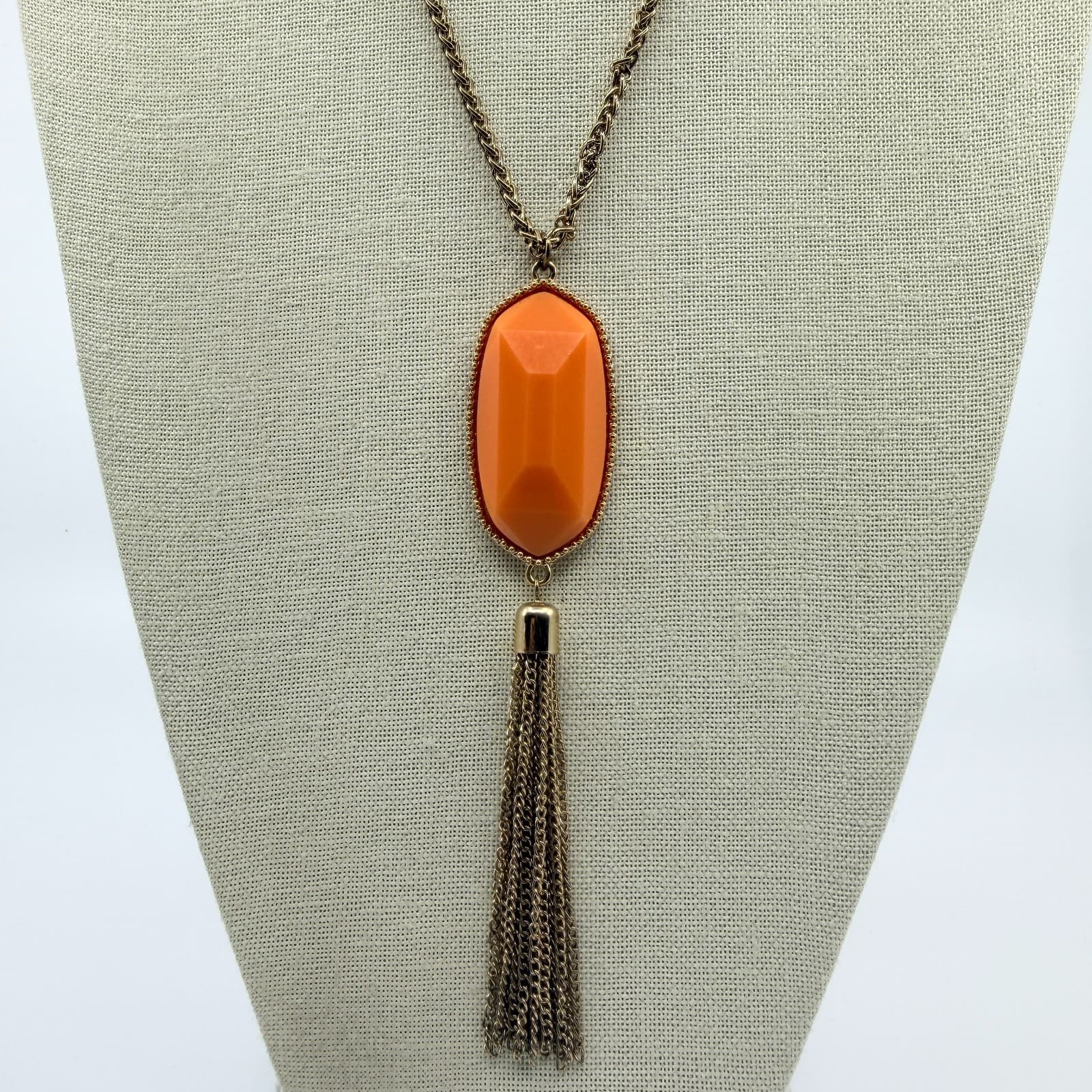 Vintage Gold Tone Orange Faceted Pendant Tassel Necklace Long Boho Statement 90s - Thumbnail 2