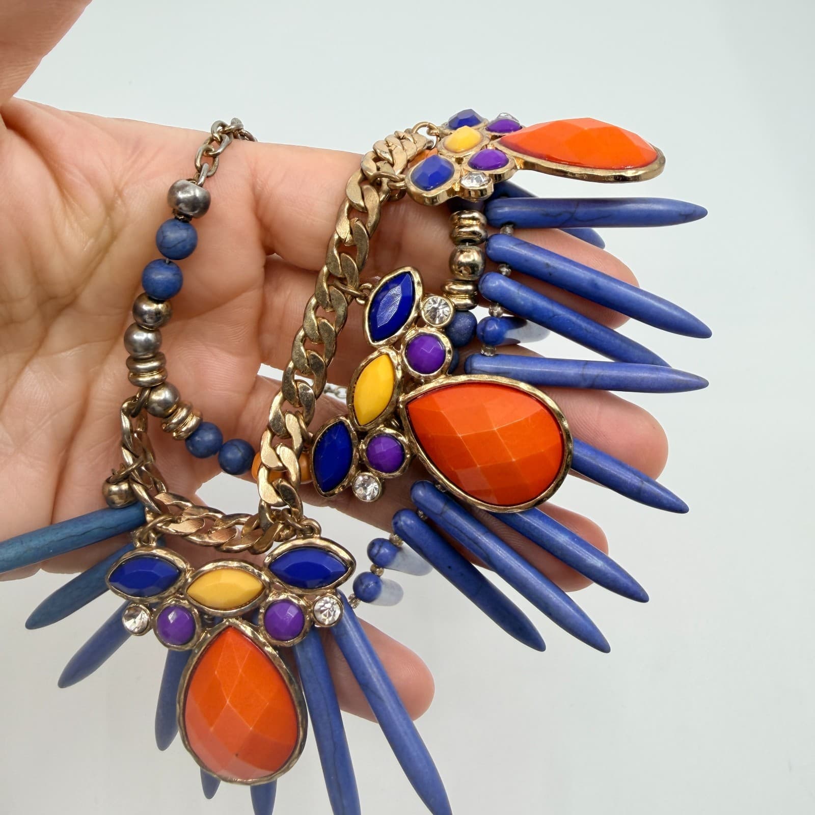 Vintage Gold Tone Bold Multi Color Spike Bib Statement Necklace Chunky Boho 90s - Thumbnail 10