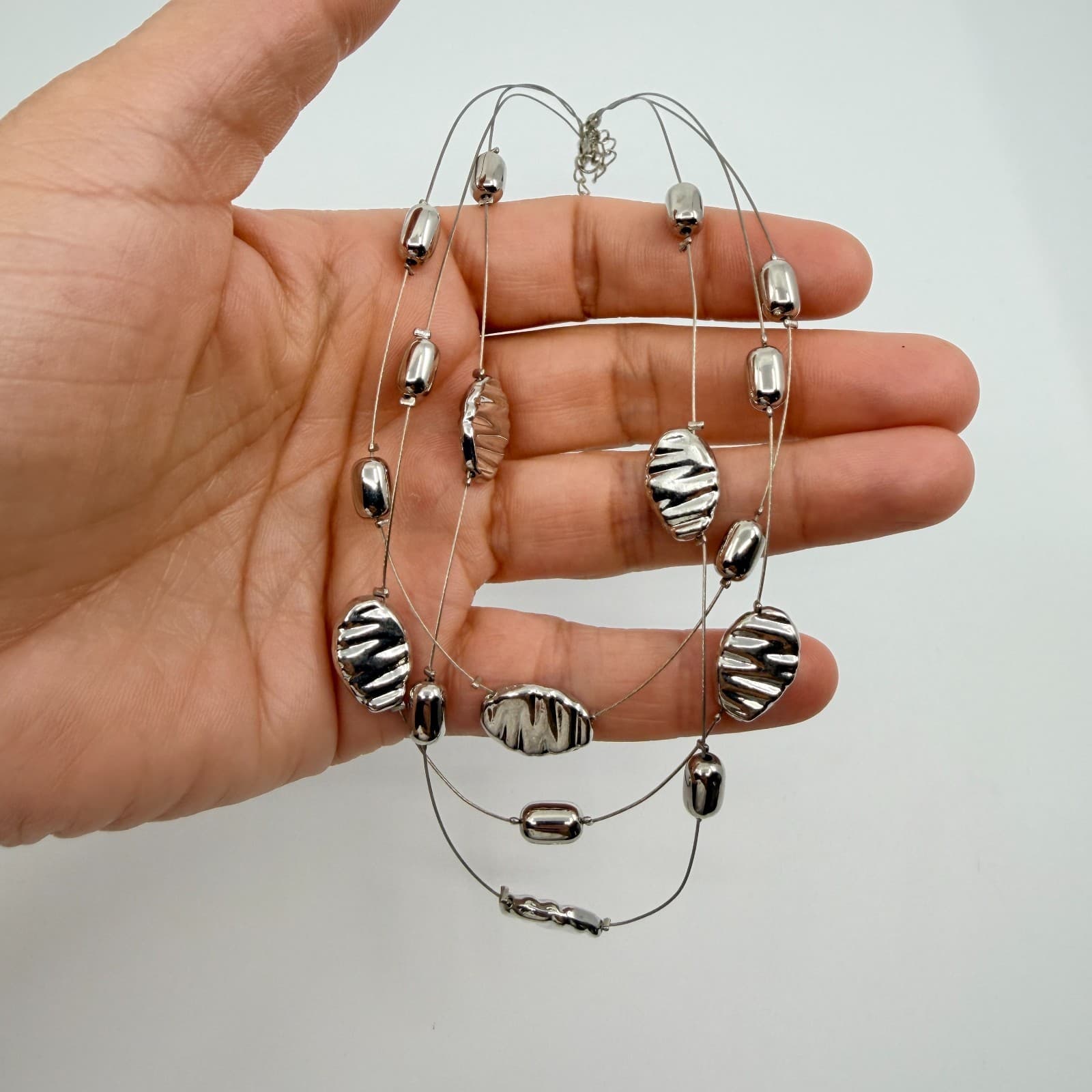 Vintage Silver Tone Multi Strand Floating Bead Necklace Statement Layered Boho - Thumbnail 7