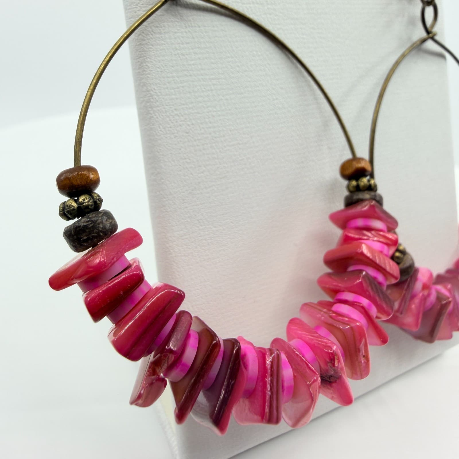 Vintage Antique Gold Tone Pink Iridescent Hoop Earrings Large Beaded Boho - Thumbnail 3