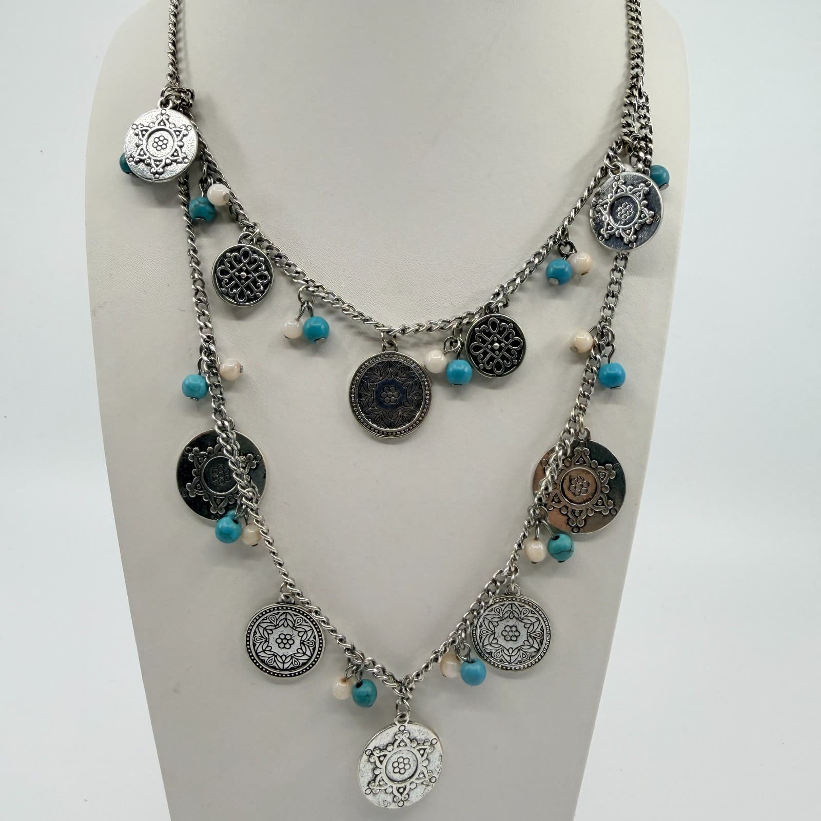 Vintage Silver Tone Boho Layered Statement Necklace Turquoise Color Beaded Coin - Thumbnail 2