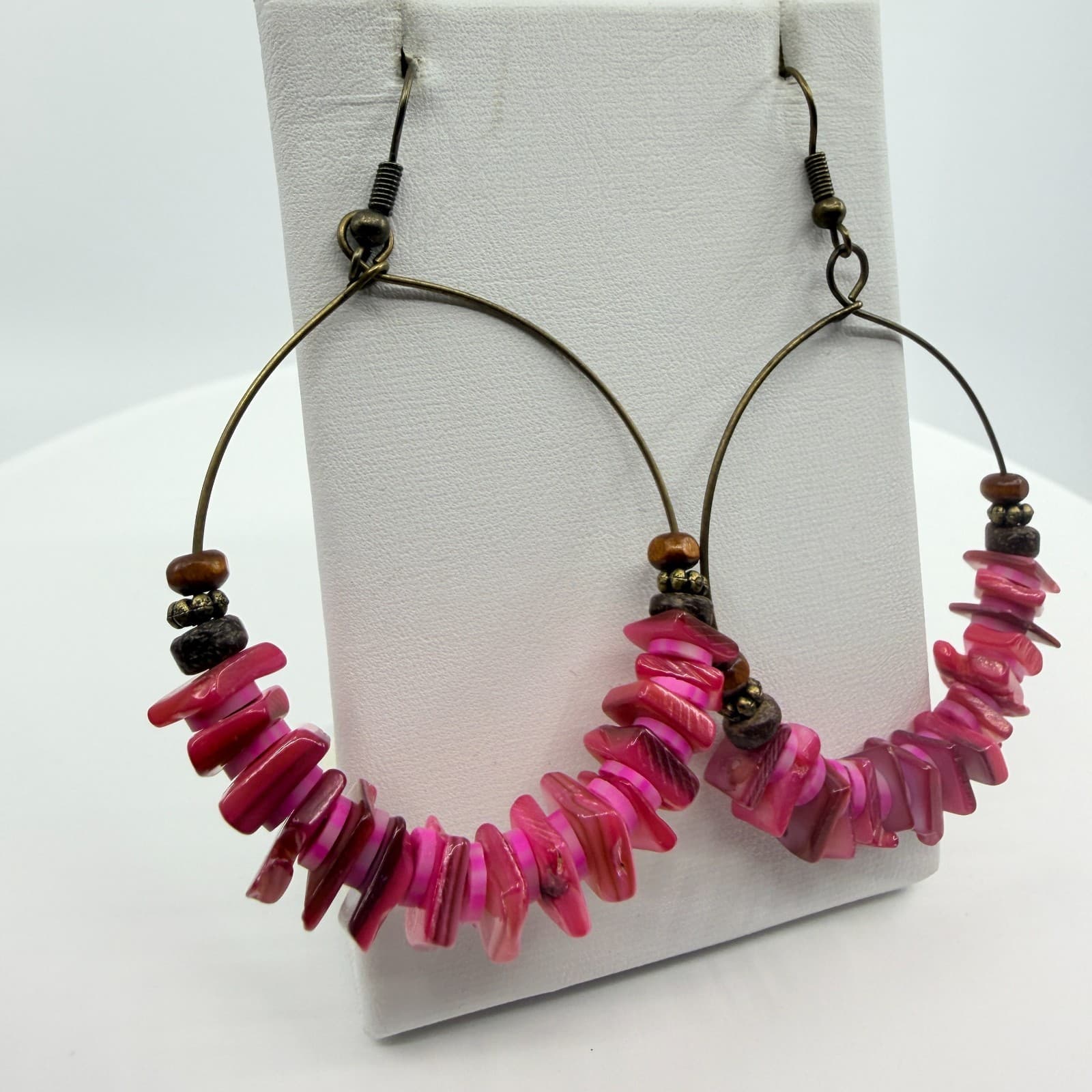 Vintage Antique Gold Tone Pink Iridescent Hoop Earrings Large Beaded Boho - Thumbnail 2