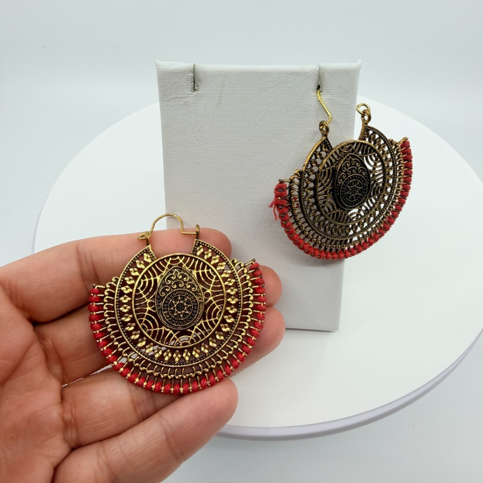 Vintage Statement Gold Tone Red Filigree Drop Earrings Large Statement Boho 90's - Thumbnail 6