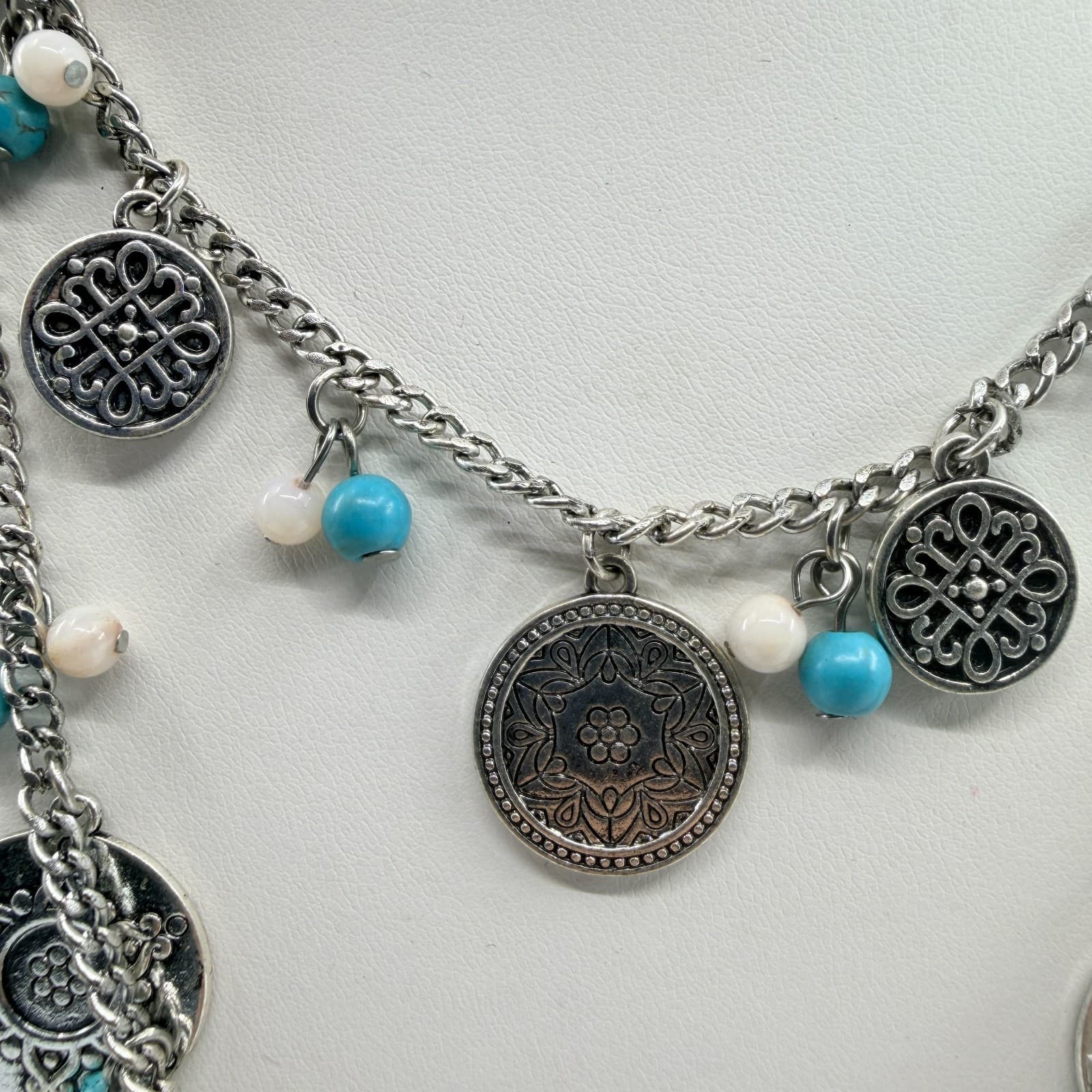 Vintage Silver Tone Boho Layered Statement Necklace Turquoise Color Beaded Coin - Thumbnail 9