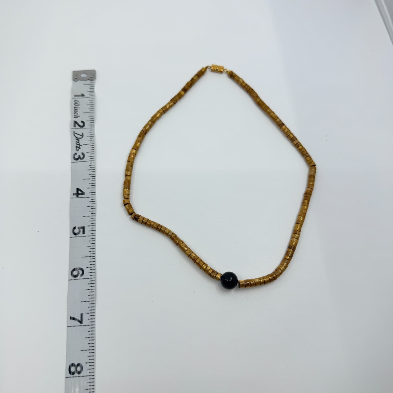 Vintage Natural Tone Disc Bead Necklace Black Focal Minimalist Boho Retro 90's - Thumbnail 9