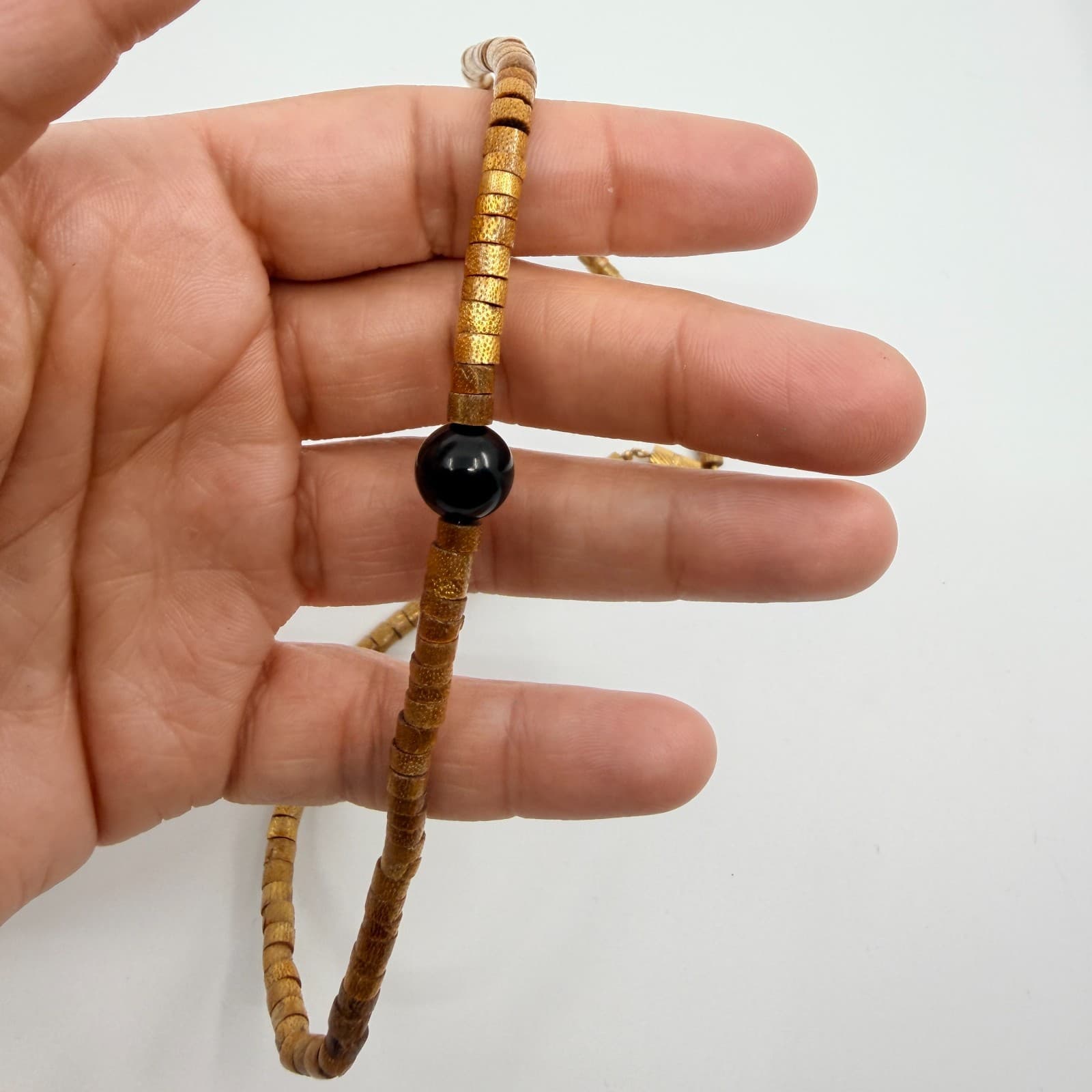 Vintage Natural Tone Disc Bead Necklace Black Focal Minimalist Boho Retro 90's - Thumbnail 8