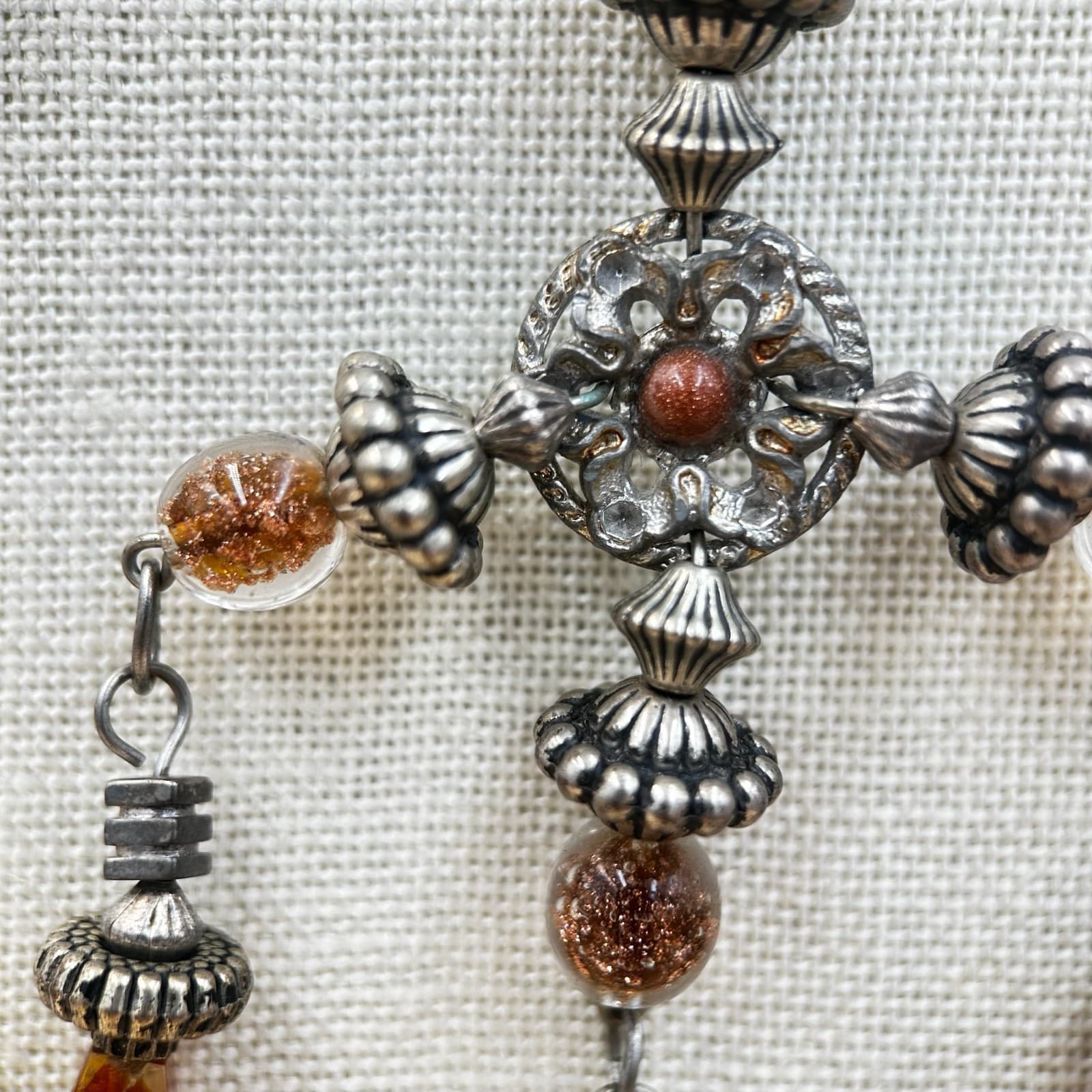Vintage Silver Tone Chandelier Pendant Necklace Boho Statement Red Cord Retro - Thumbnail 4