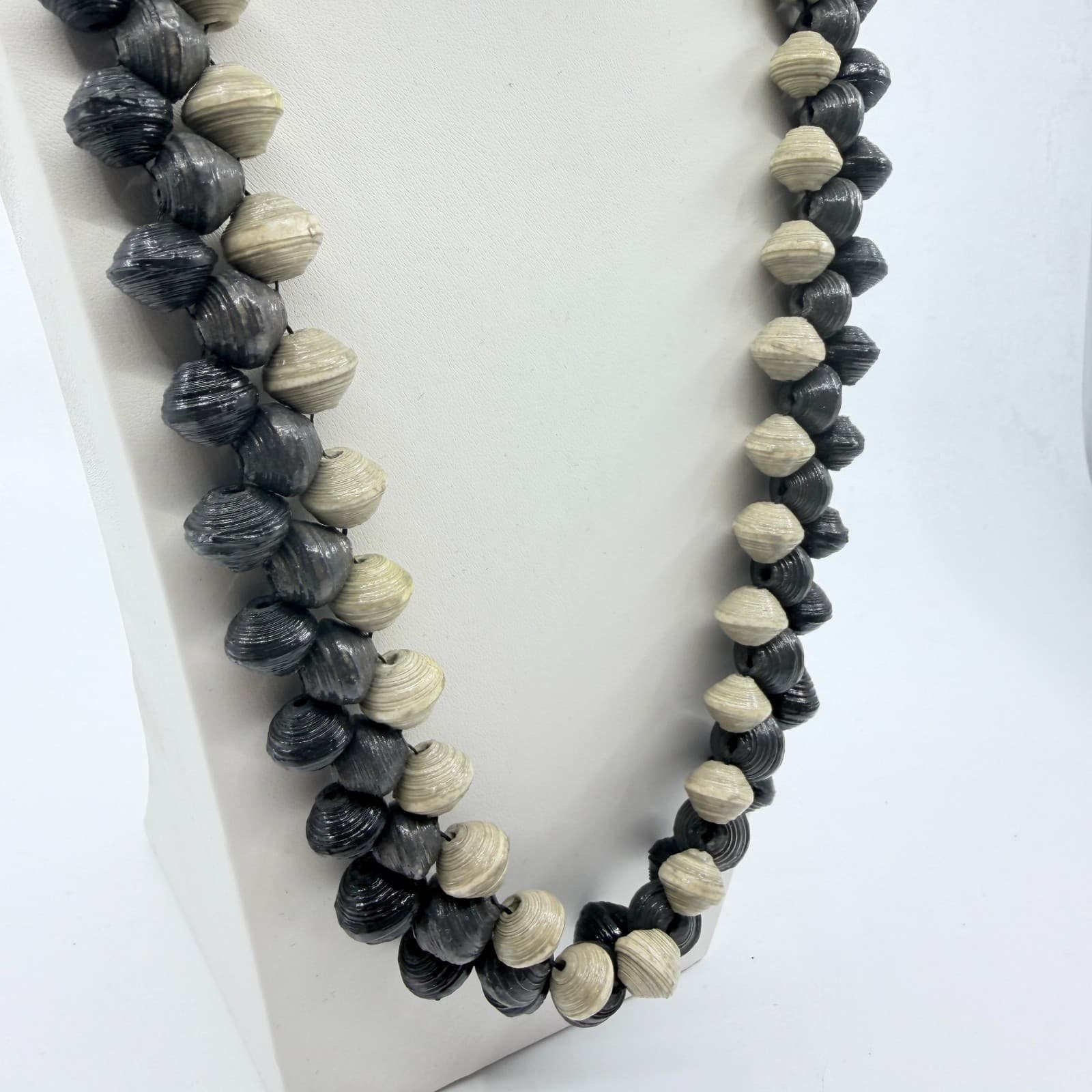 Vintage Boho Black Cream Handcrafted Rolled Paper Bead Strand Statement Necklace - Thumbnail 5
