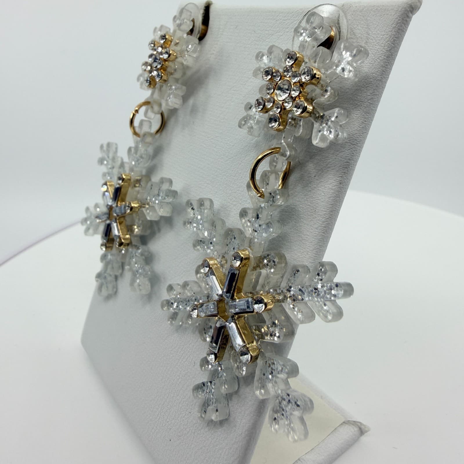 Vintage Gold Tone Snowflake Drop Earrings Large Statement Holiday Winter Boho - Thumbnail 5