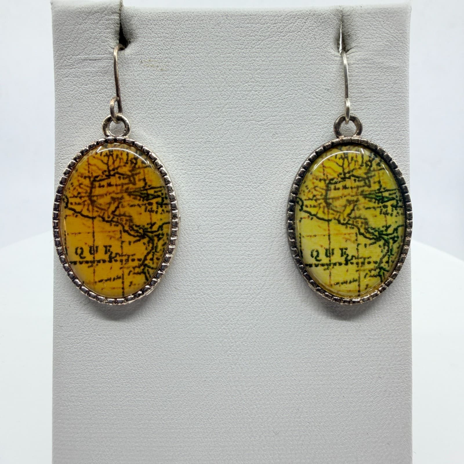 Vintage Map Cabochon Oval Drop Earrings Silver Tone Yellow Wanderlust Y2K Boho - Thumbnail 5