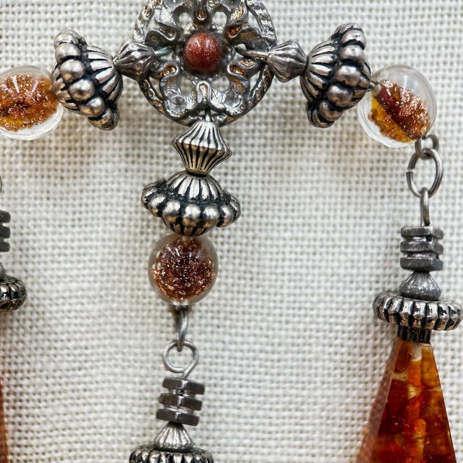 Vintage Silver Tone Chandelier Pendant Necklace Boho Statement Red Cord Retro - Thumbnail 7