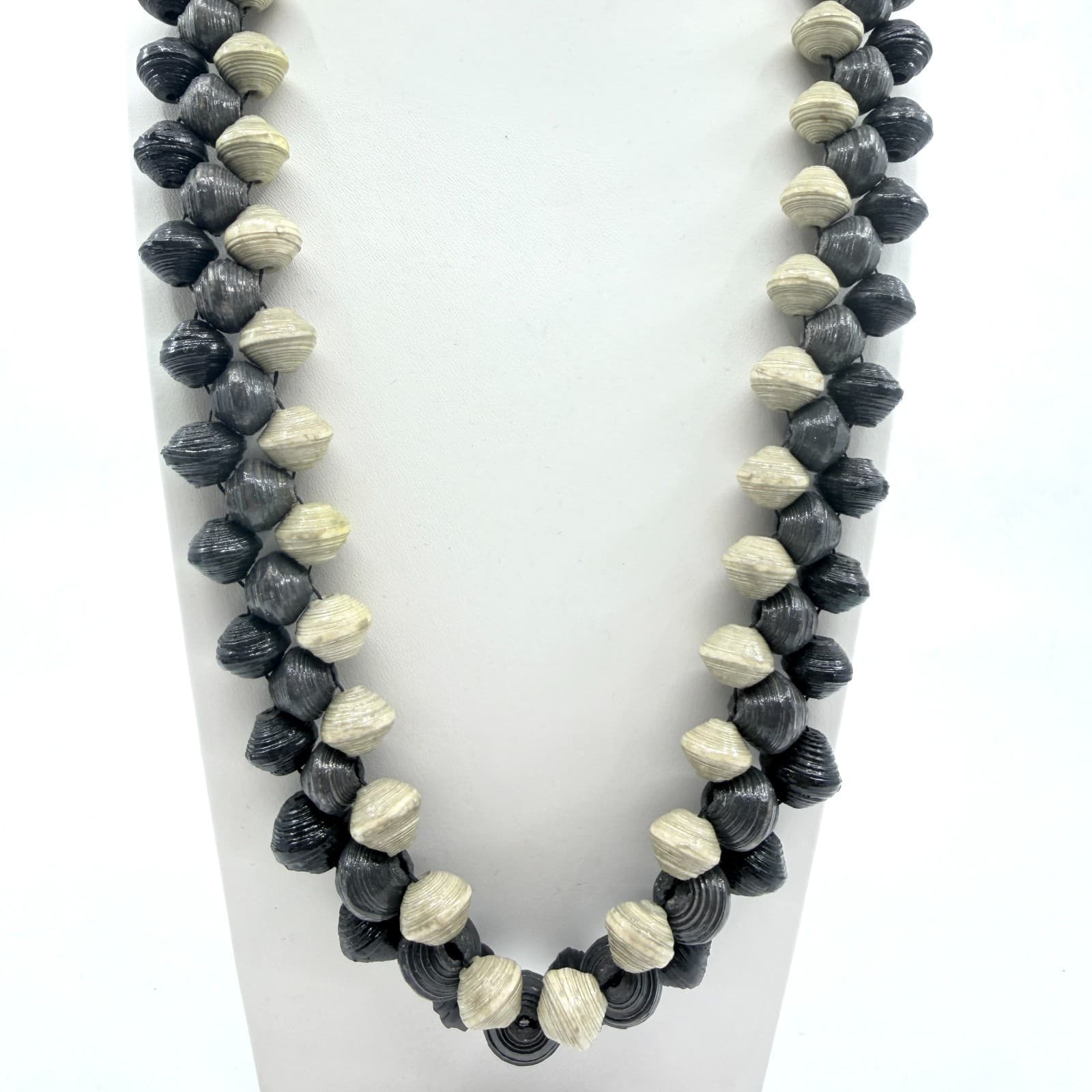 Vintage Boho Black Cream Handcrafted Rolled Paper Bead Strand Statement Necklace - Thumbnail 2