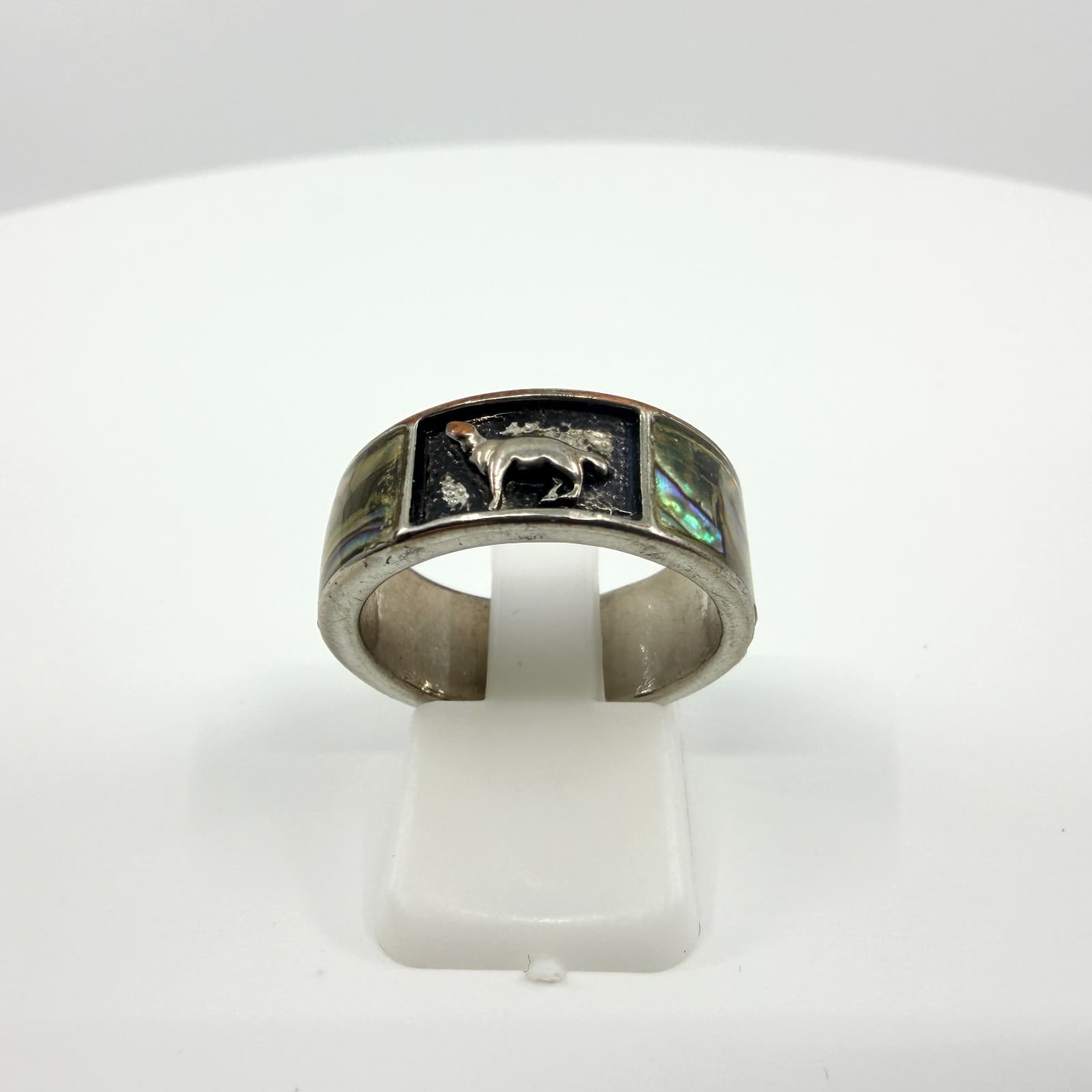 Vintage Silver Tone Dog Hound Ring Iridescent Inlay Band Statement Boho - Thumbnail 2