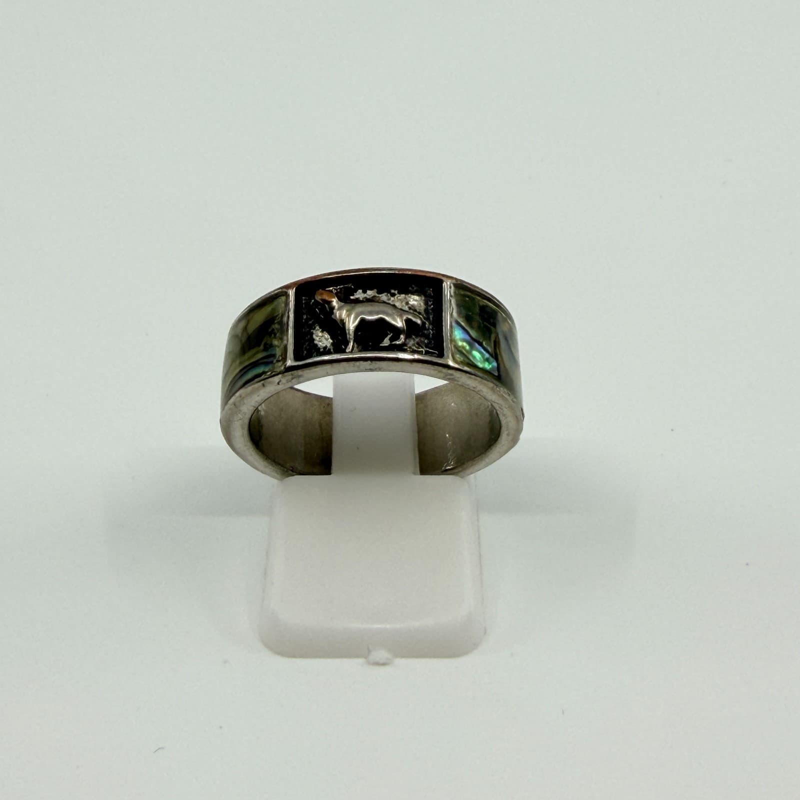 Vintage Silver Tone Dog Hound Ring Iridescent Inlay Band Statement Boho - Thumbnail 3