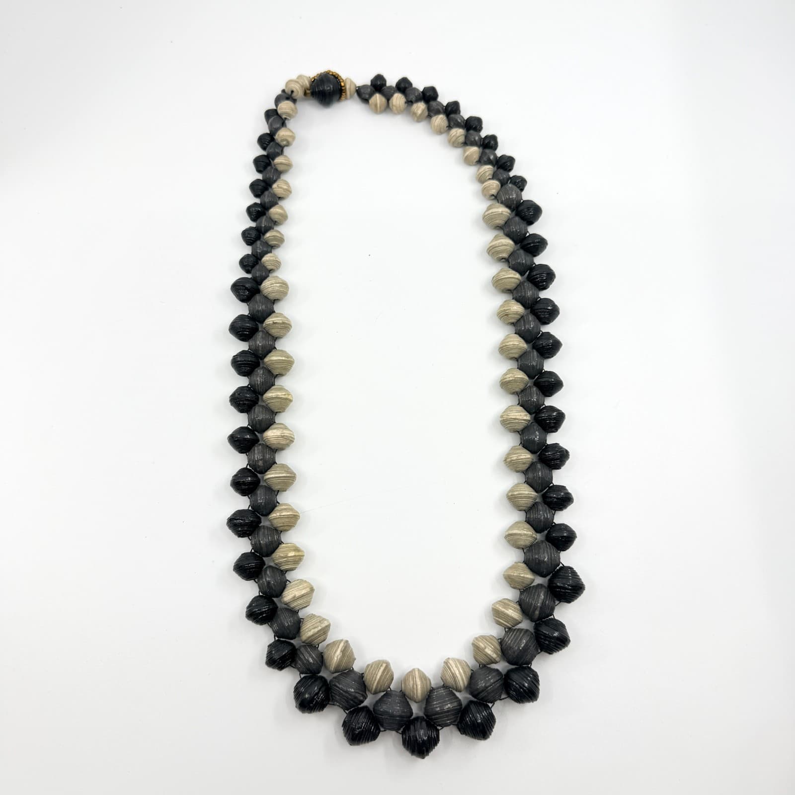 Vintage Boho Black Cream Handcrafted Rolled Paper Bead Strand Statement Necklace - Thumbnail 9
