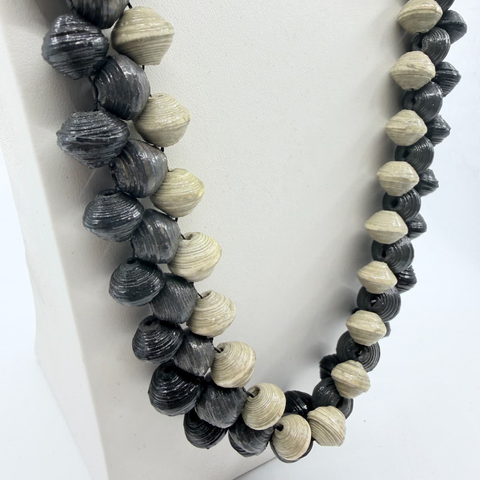 Vintage Boho Black Cream Handcrafted Rolled Paper Bead Strand Statement Necklace - Thumbnail 4