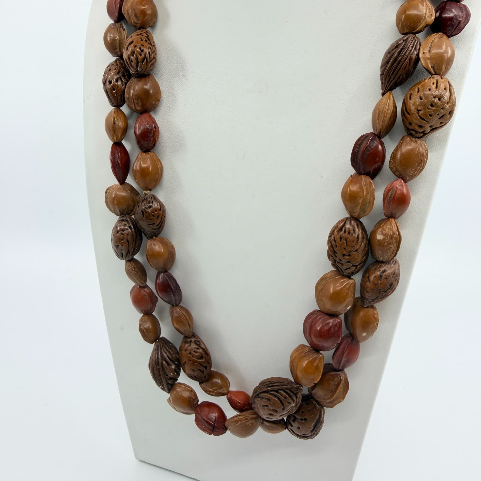 Vintage Natural Seed Nut Bead Necklace Multi Strand Earth Tone Boho Ethnic 90s - Thumbnail 6