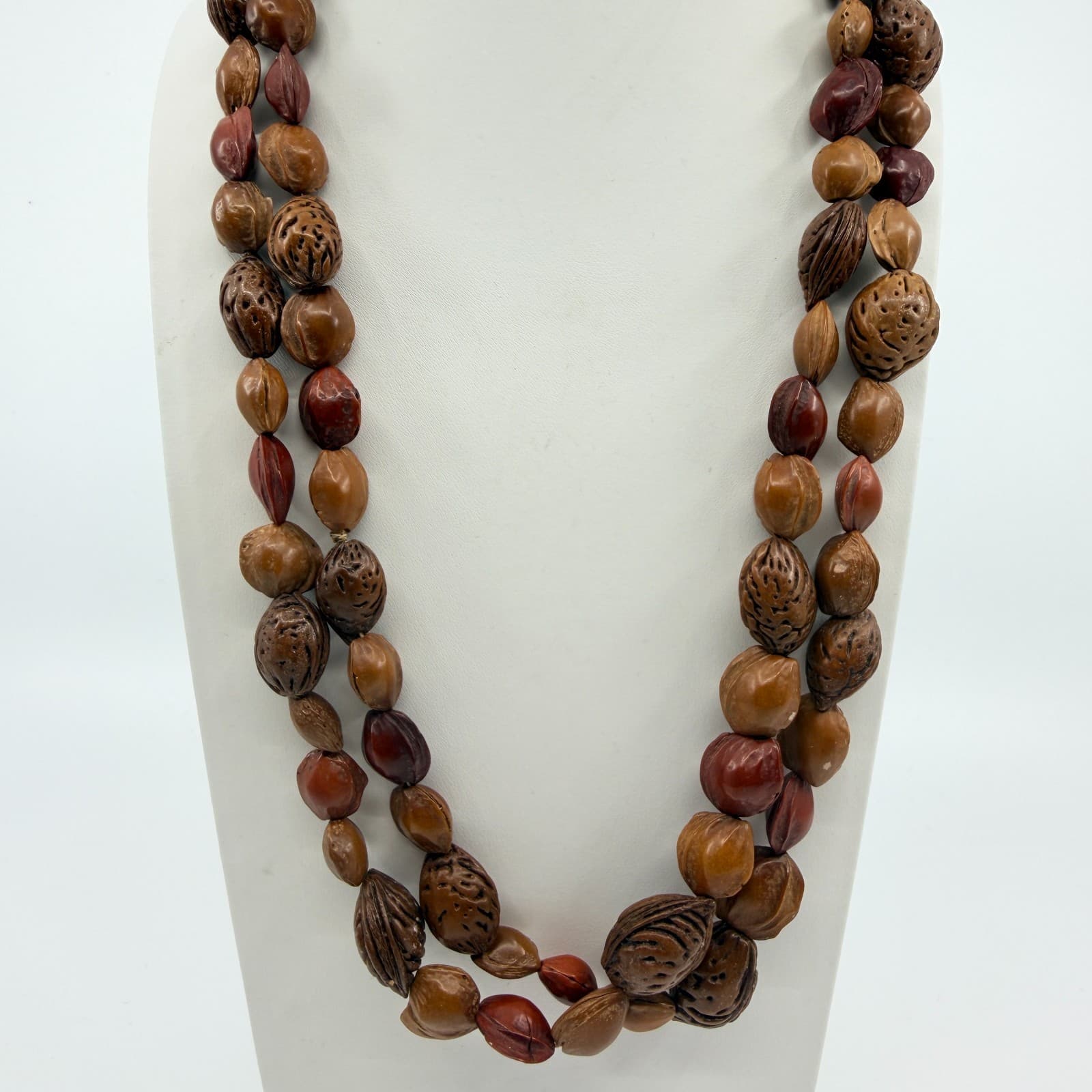 Vintage Natural Seed Nut Bead Necklace Multi Strand Earth Tone Boho Ethnic 90s - Thumbnail 3