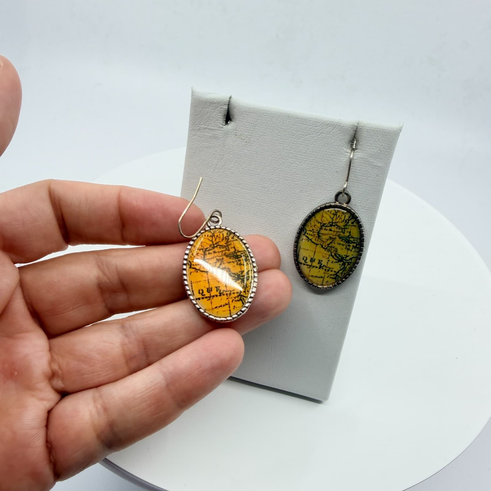 Vintage Map Cabochon Oval Drop Earrings Silver Tone Yellow Wanderlust Y2K Boho - Thumbnail 7