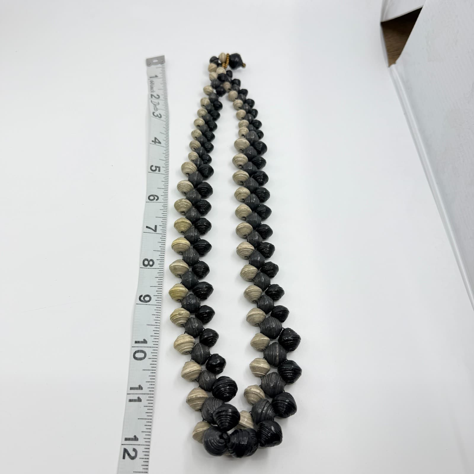 Vintage Boho Black Cream Handcrafted Rolled Paper Bead Strand Statement Necklace - Thumbnail 10