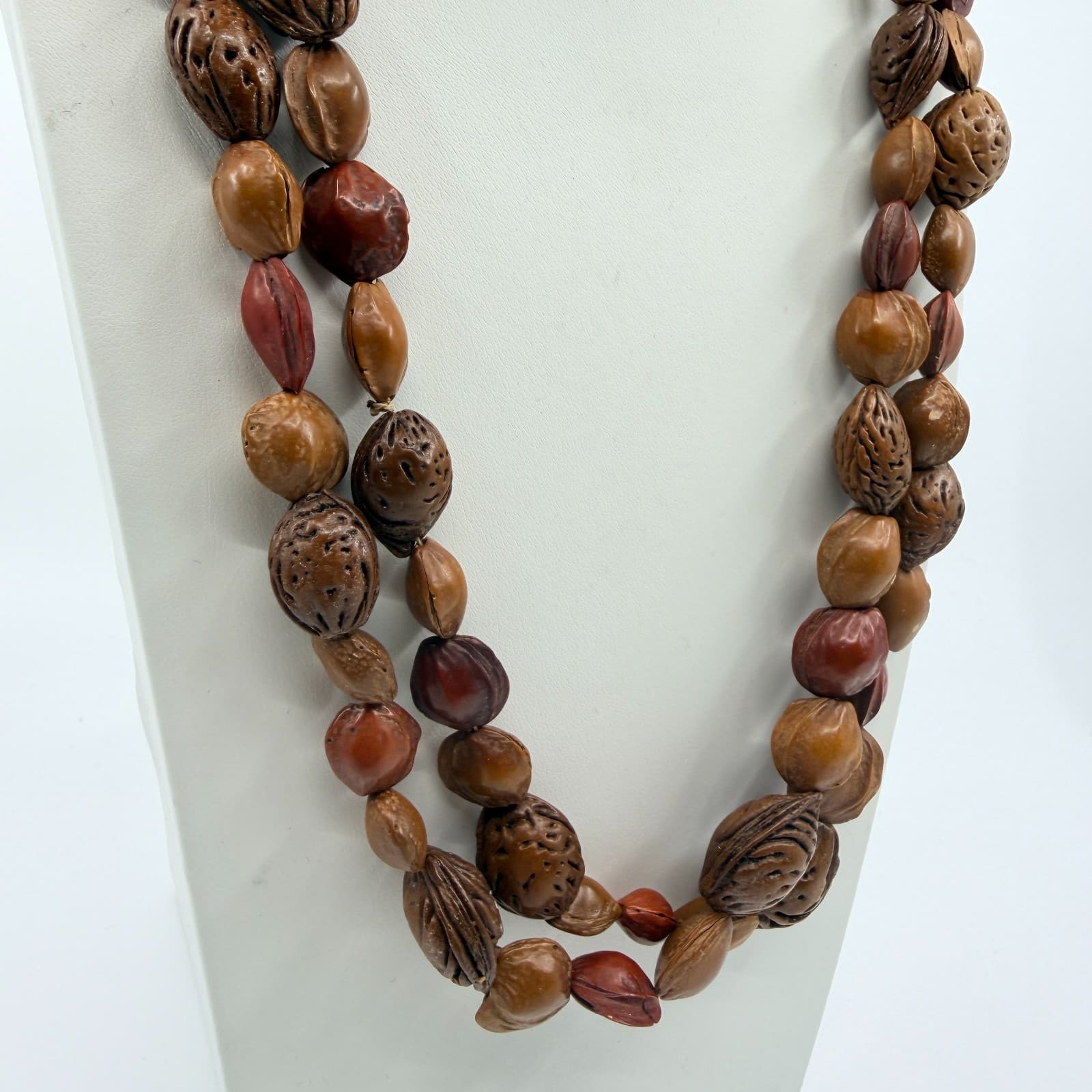 Vintage Natural Seed Nut Bead Necklace Multi Strand Earth Tone Boho Ethnic 90s - Thumbnail 5