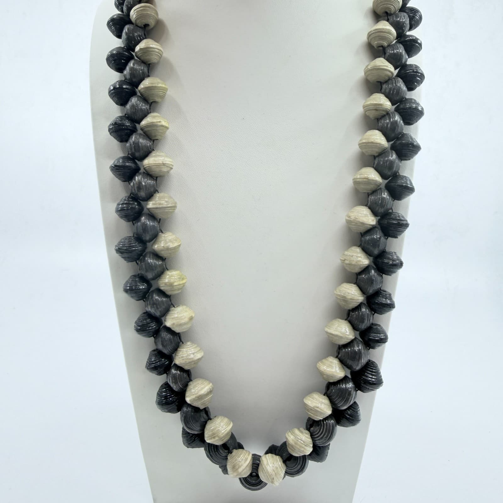 Vintage Boho Black Cream Handcrafted Rolled Paper Bead Strand Statement Necklace - Thumbnail 8