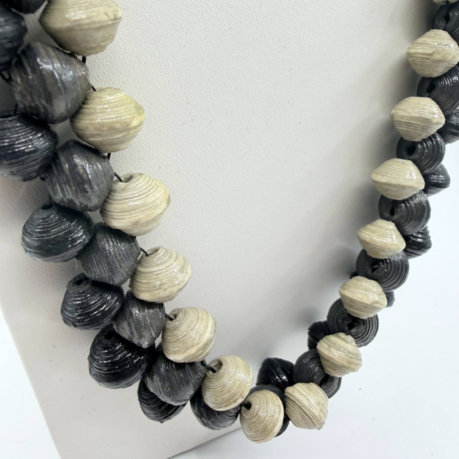 Vintage Boho Black Cream Handcrafted Rolled Paper Bead Strand Statement Necklace - Thumbnail 3