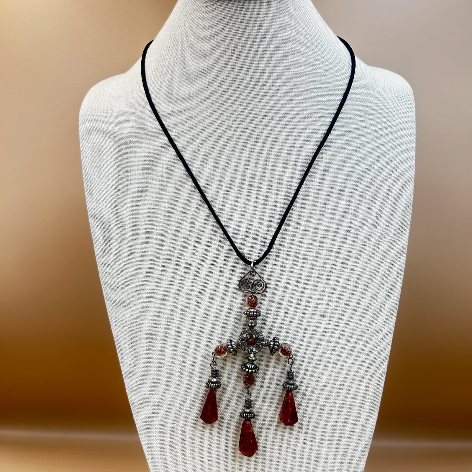 Vintage Silver Tone Chandelier Pendant Necklace Boho Statement Red Cord Retro - Thumbnail 2