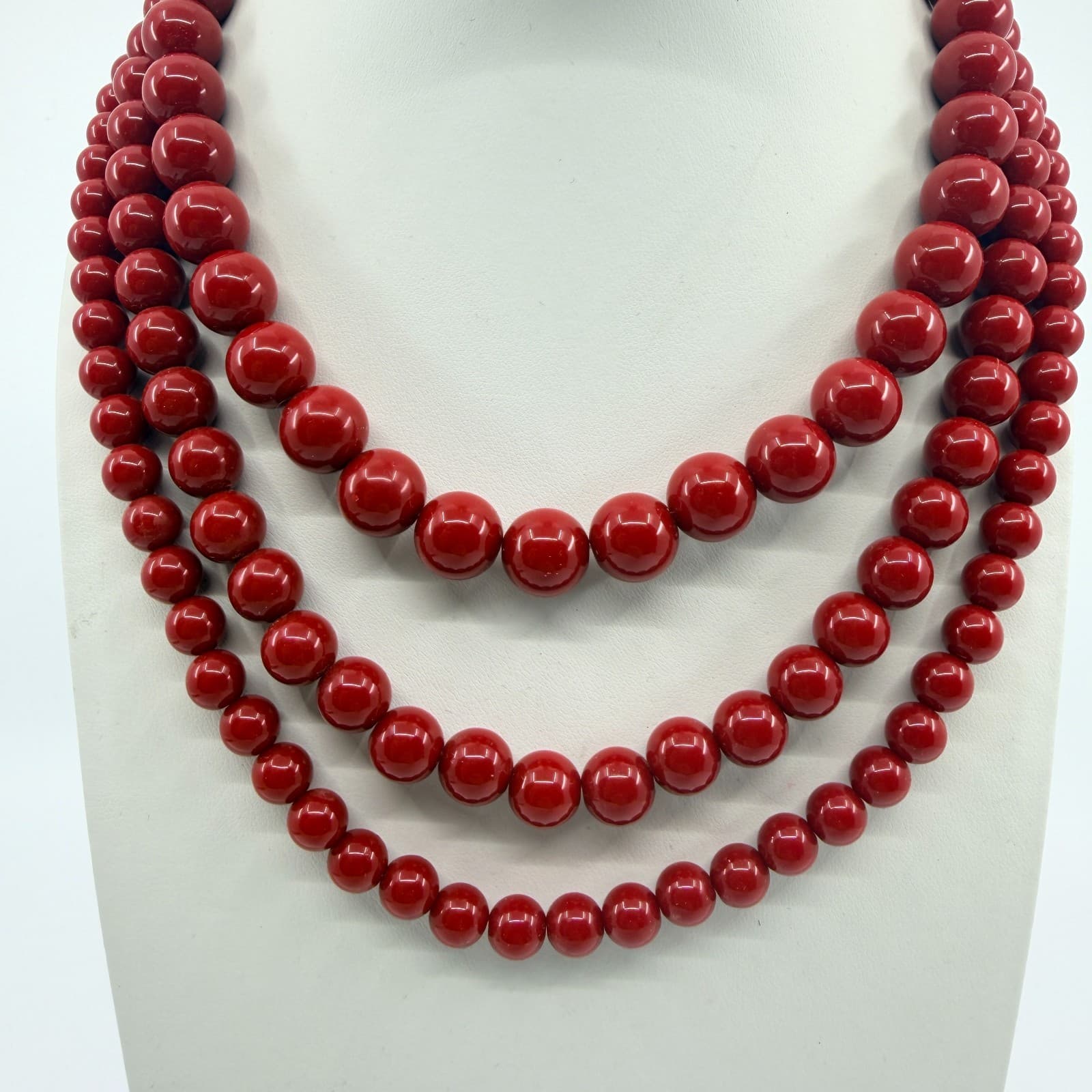 Vintage Red Beaded Multi Strand Necklace Layered Statement Bold Chunky Retro 90s - Thumbnail 2