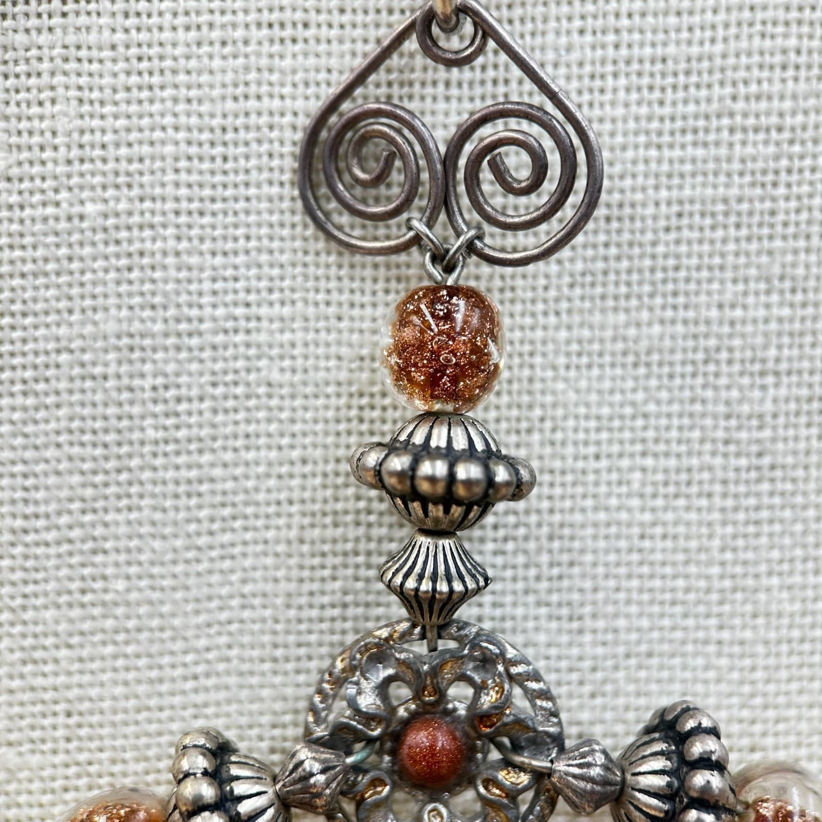 Vintage Silver Tone Chandelier Pendant Necklace Boho Statement Red Cord Retro - Thumbnail 3