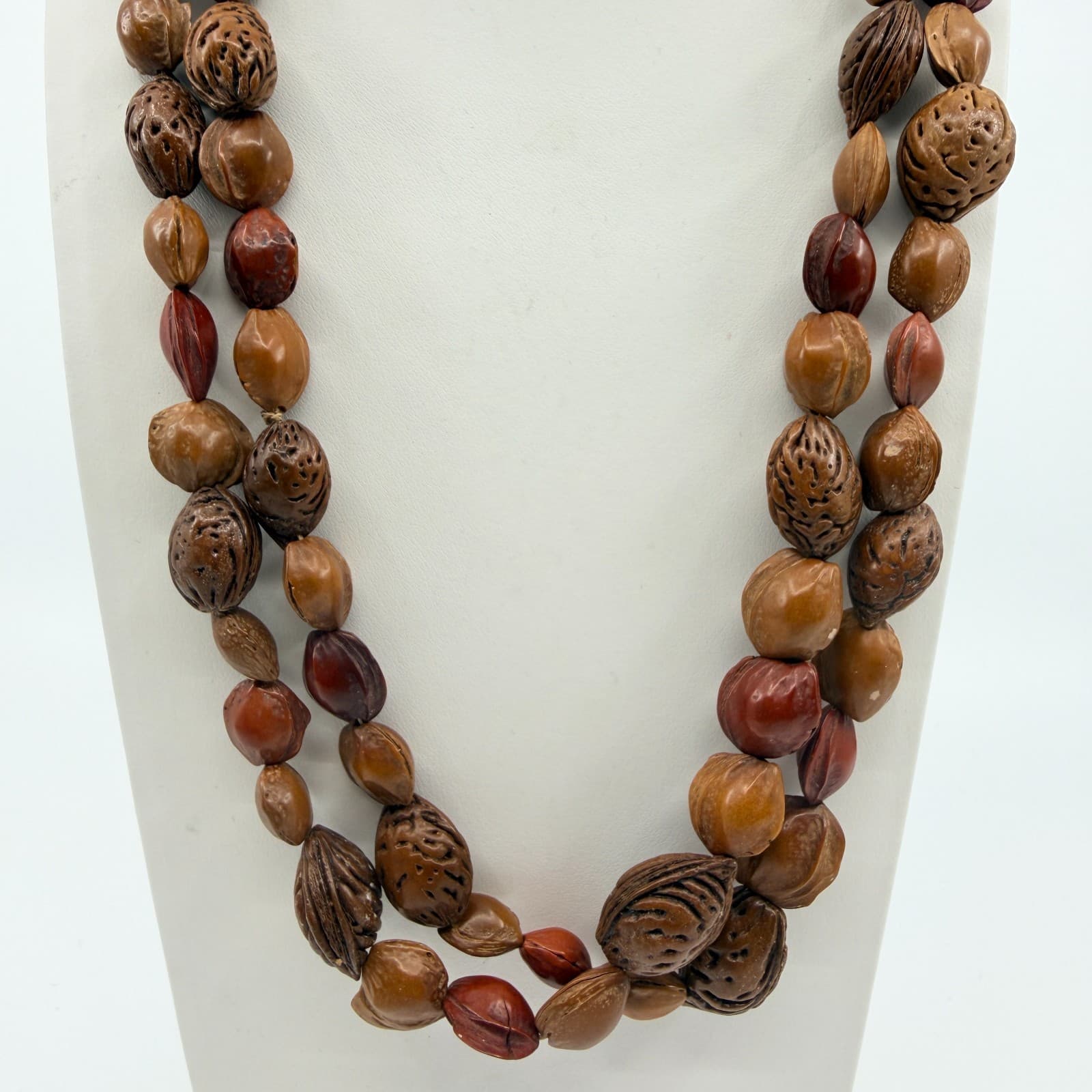 Vintage Natural Seed Nut Bead Necklace Multi Strand Earth Tone Boho Ethnic 90s - Thumbnail 2