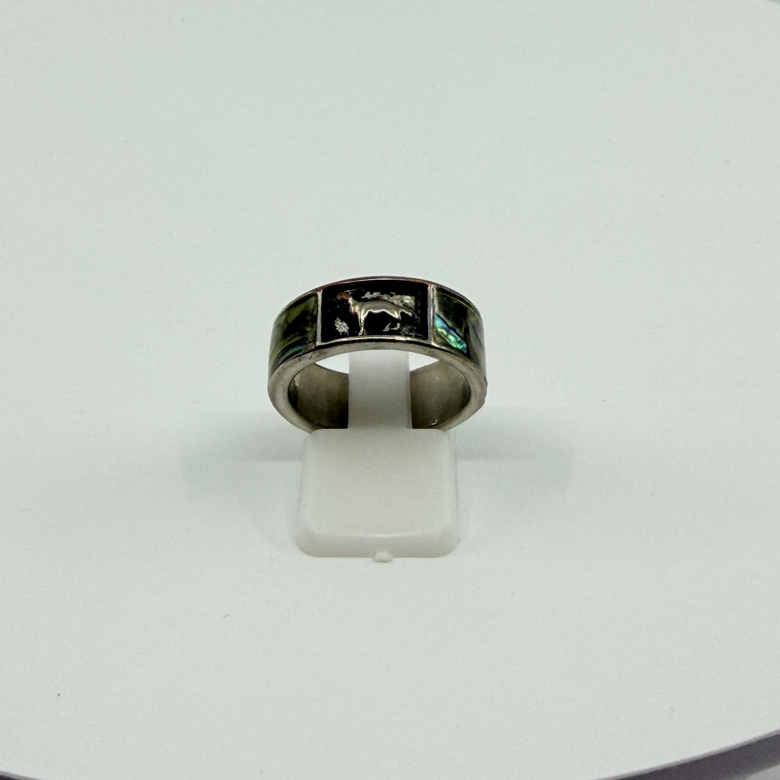 Vintage Silver Tone Dog Hound Ring Iridescent Inlay Band Statement Boho - Thumbnail 4