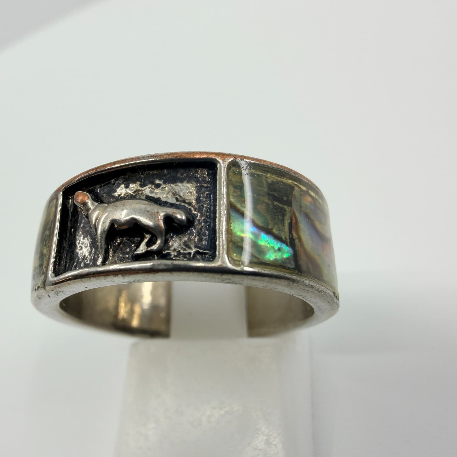 Vintage Silver Tone Dog Hound Ring Iridescent Inlay Band Statement Boho - Thumbnail 5