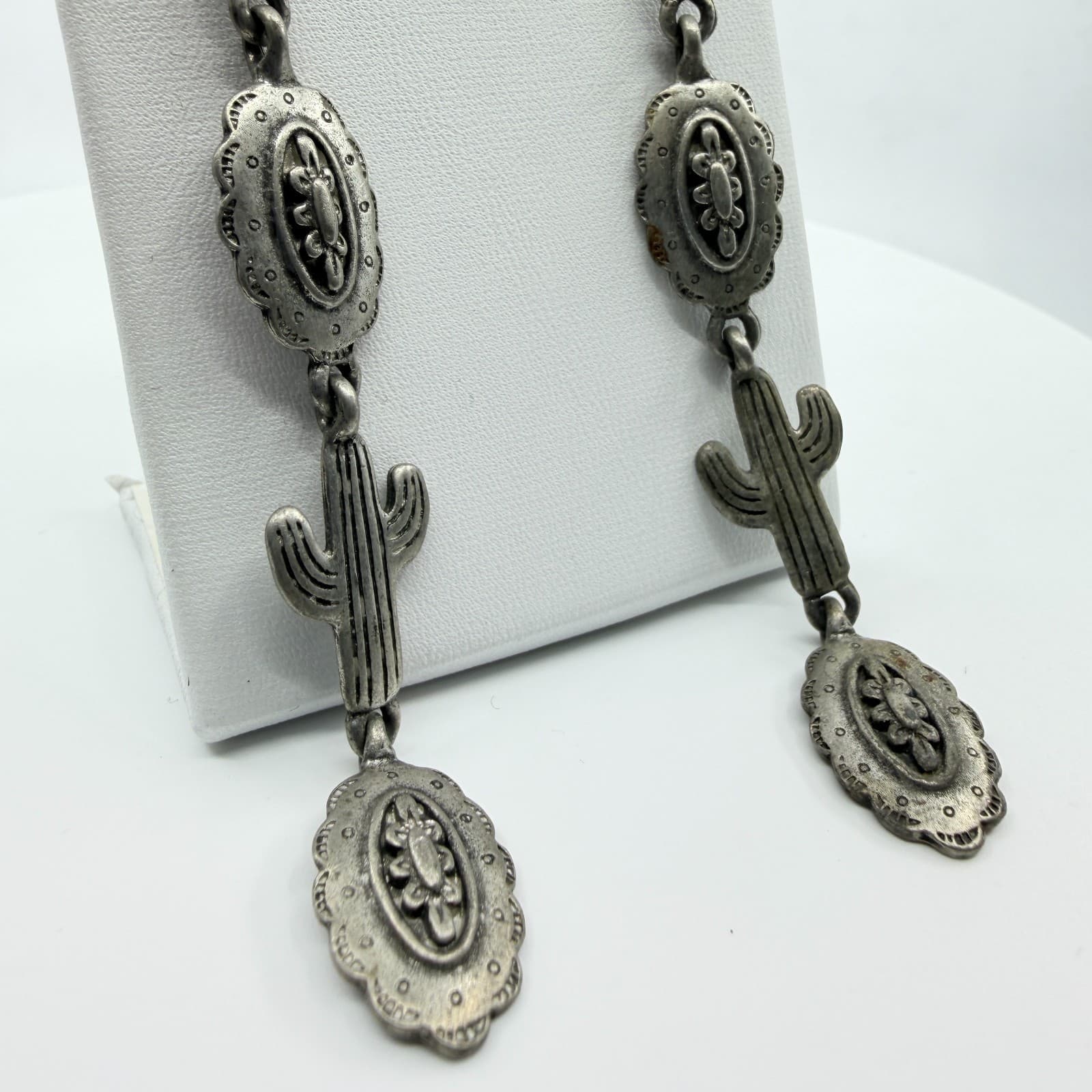 Vintage Southwestern Silver Tone Cactus Flower Long Dangle Drop Post Earrings - Thumbnail 2