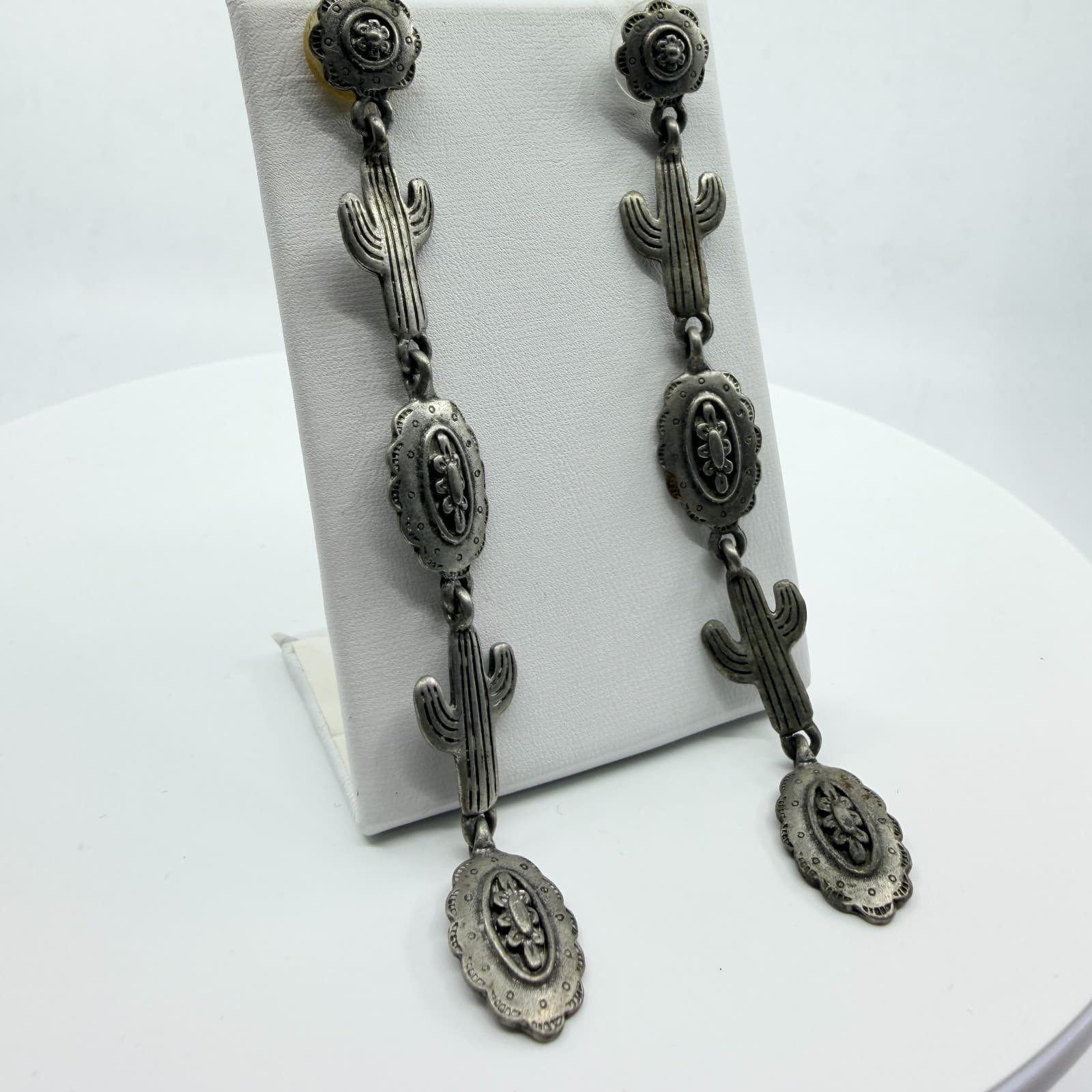 Vintage Southwestern Silver Tone Cactus Flower Long Dangle Drop Post Earrings - Thumbnail 3