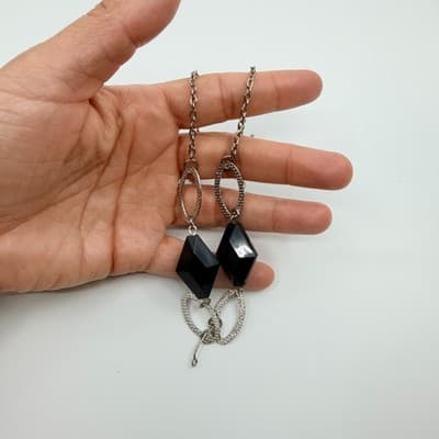 Vintage Silver Tone Black Geometric Lozenge Bead Necklace Textured Link Retro - Thumbnail 8