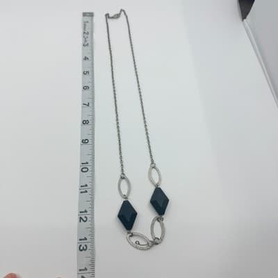 Vintage Silver Tone Black Geometric Lozenge Bead Necklace Textured Link Retro - Thumbnail 9
