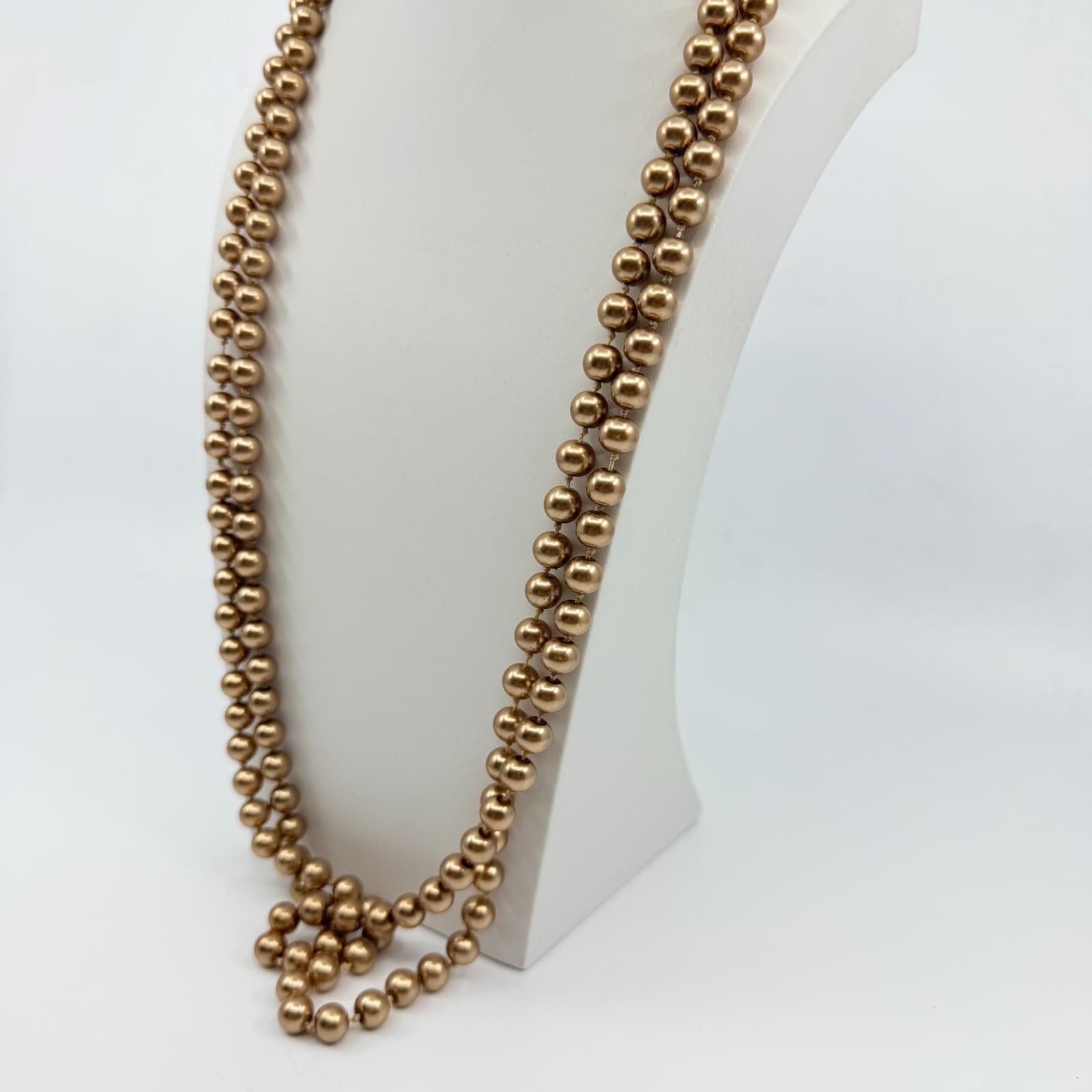 Vintage Champagne Gold Tone Faux Pearl Long Opera Strand Necklace Double Layer - Thumbnail 7