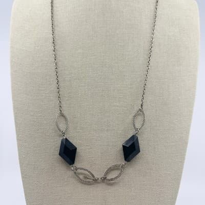 Vintage Silver Tone Black Geometric Lozenge Bead Necklace Textured Link Retro - Thumbnail 3